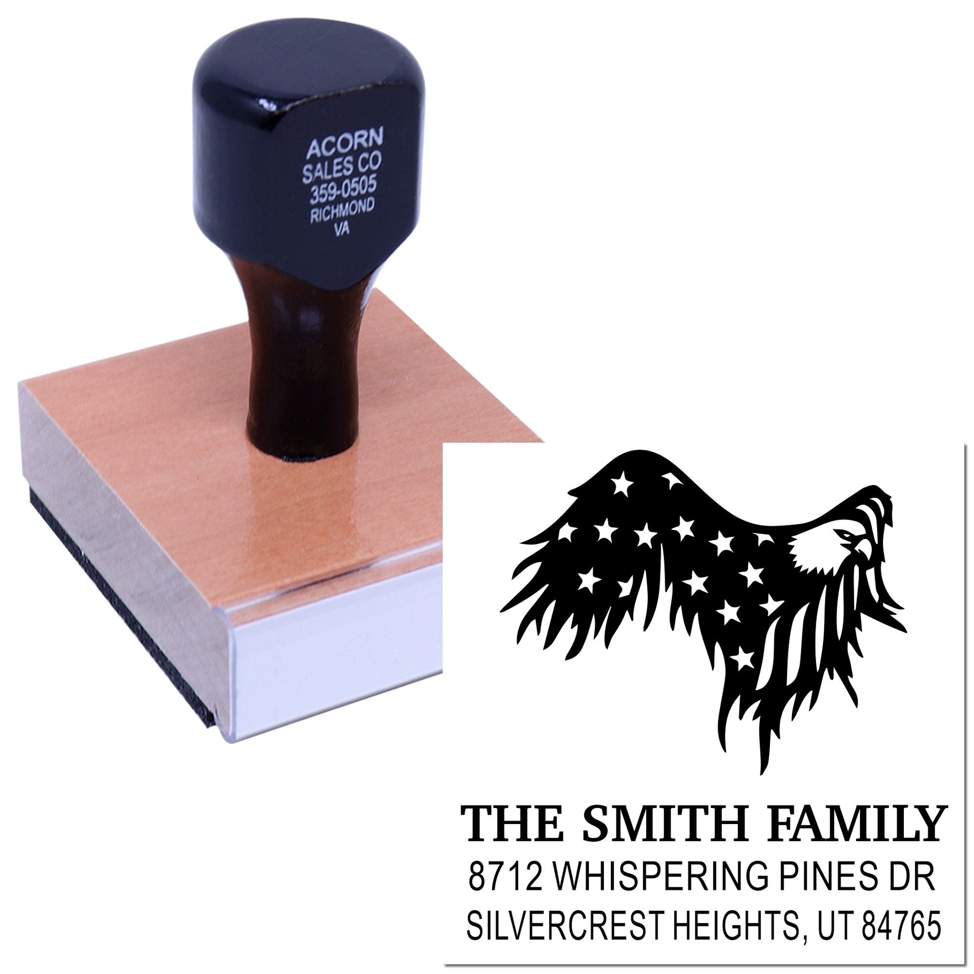 Custom rubber address stamp with eagle and stars design, showing The Smith Family name and Utah address on a wooden stamp block.