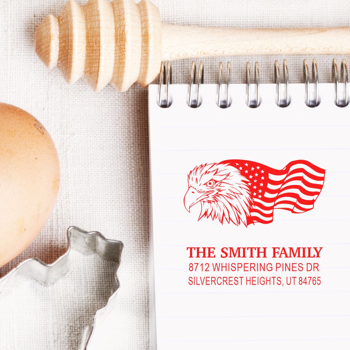 Personalized rubber address stamp with eagle and American flag design for The Smith Family, ideal for patriotic mail, envelopes, and stationery.