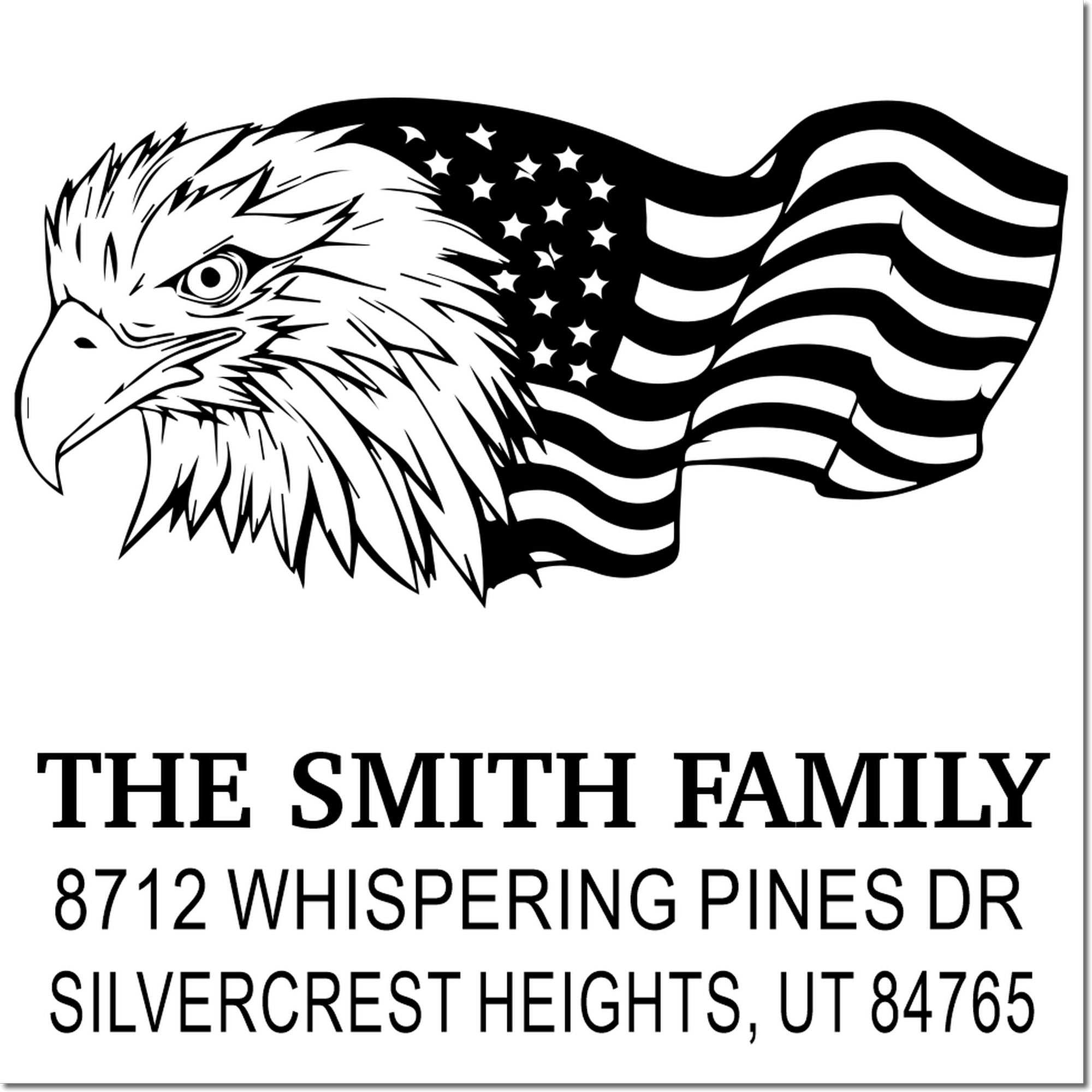 Personalized custom return address rubber stamp with bald eagle and American flag design, The Smith Family, 8712 Whispering Pines Dr, UT 84765