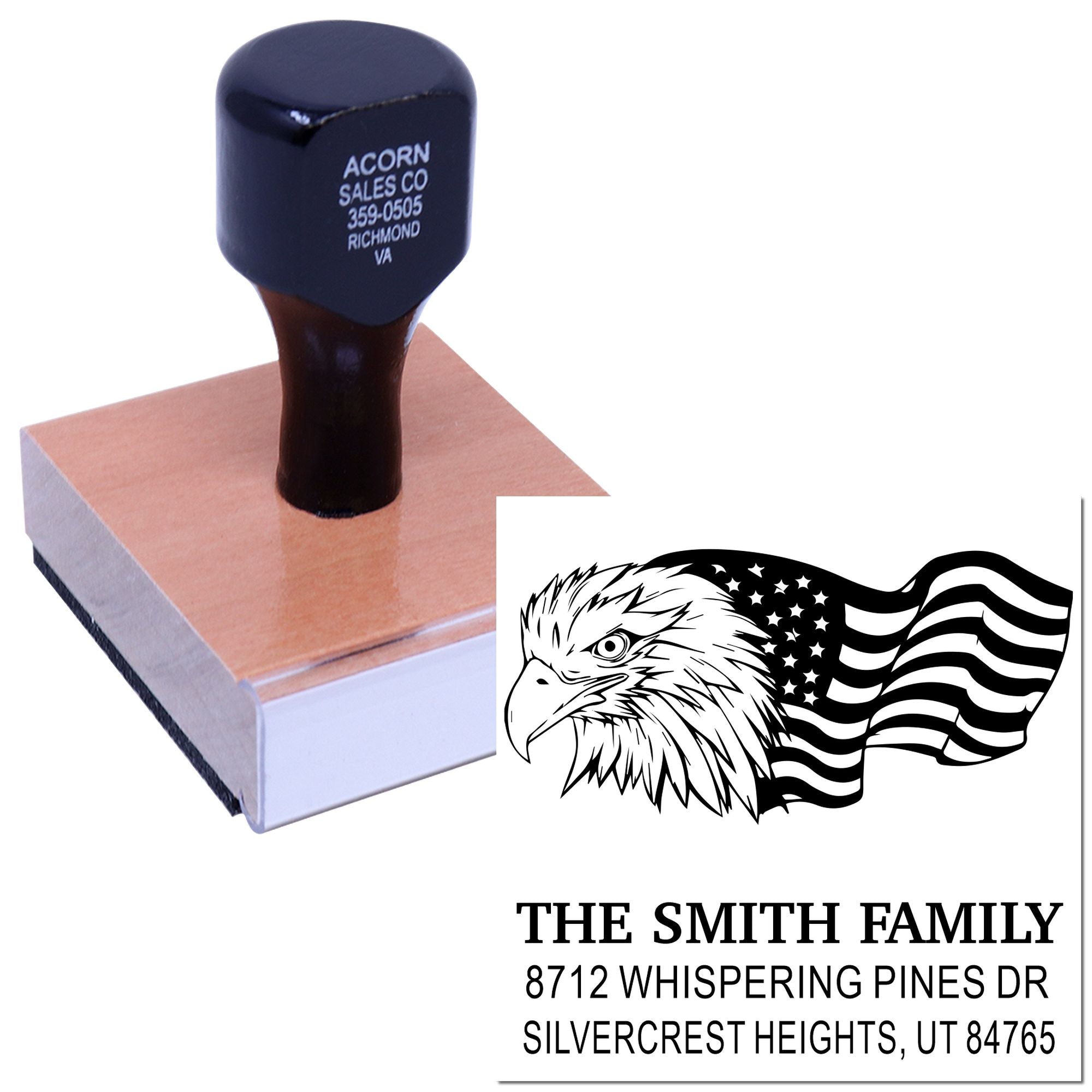 Custom self-inking rubber stamp with personalized family address and eagle flag design, ideal for mailing, branding, and return address use on envelopes.