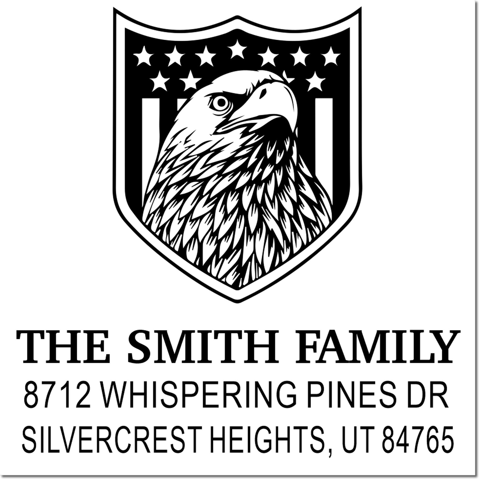 Custom rubber stamp with eagle shield design featuring The Smith Family name and return address for personalized mail, cards, and home use