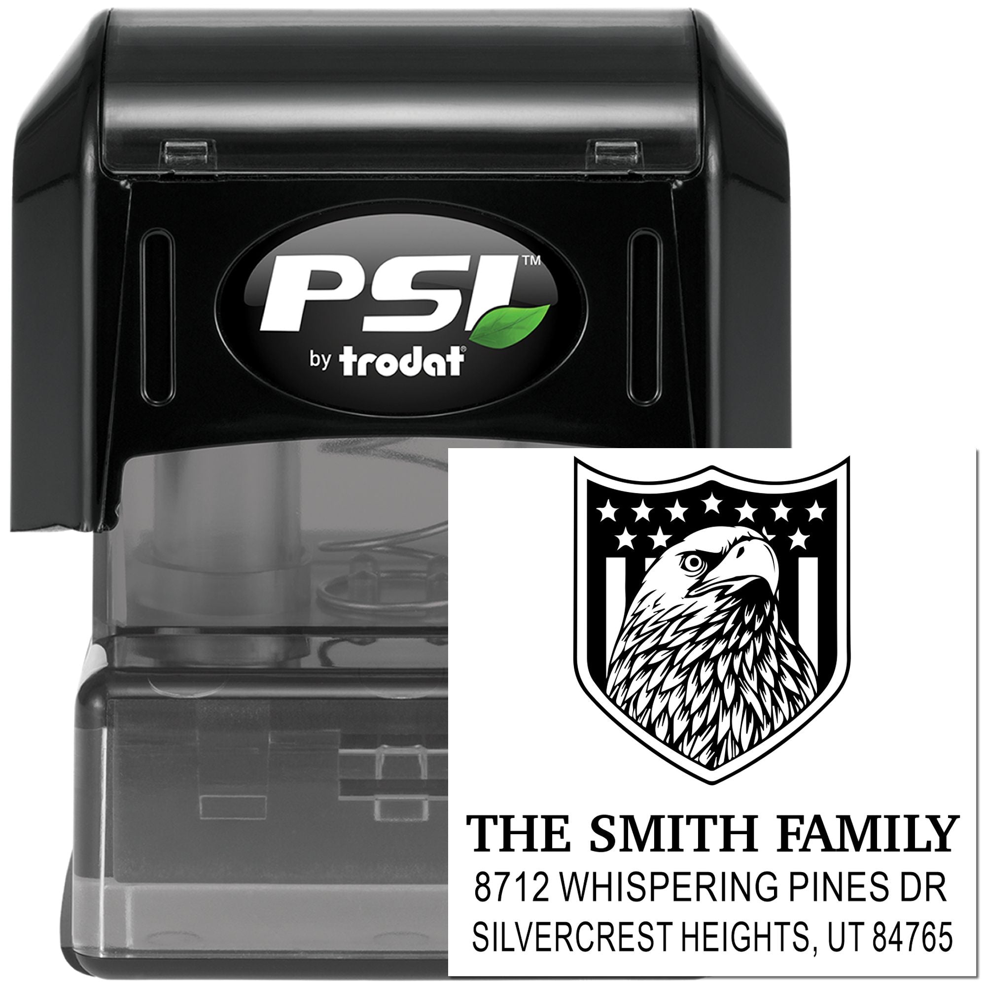 Custom PSI by Trodat self-inking rubber stamp with eagle crest and return address for The Smith Family, featuring name and Utah home address.