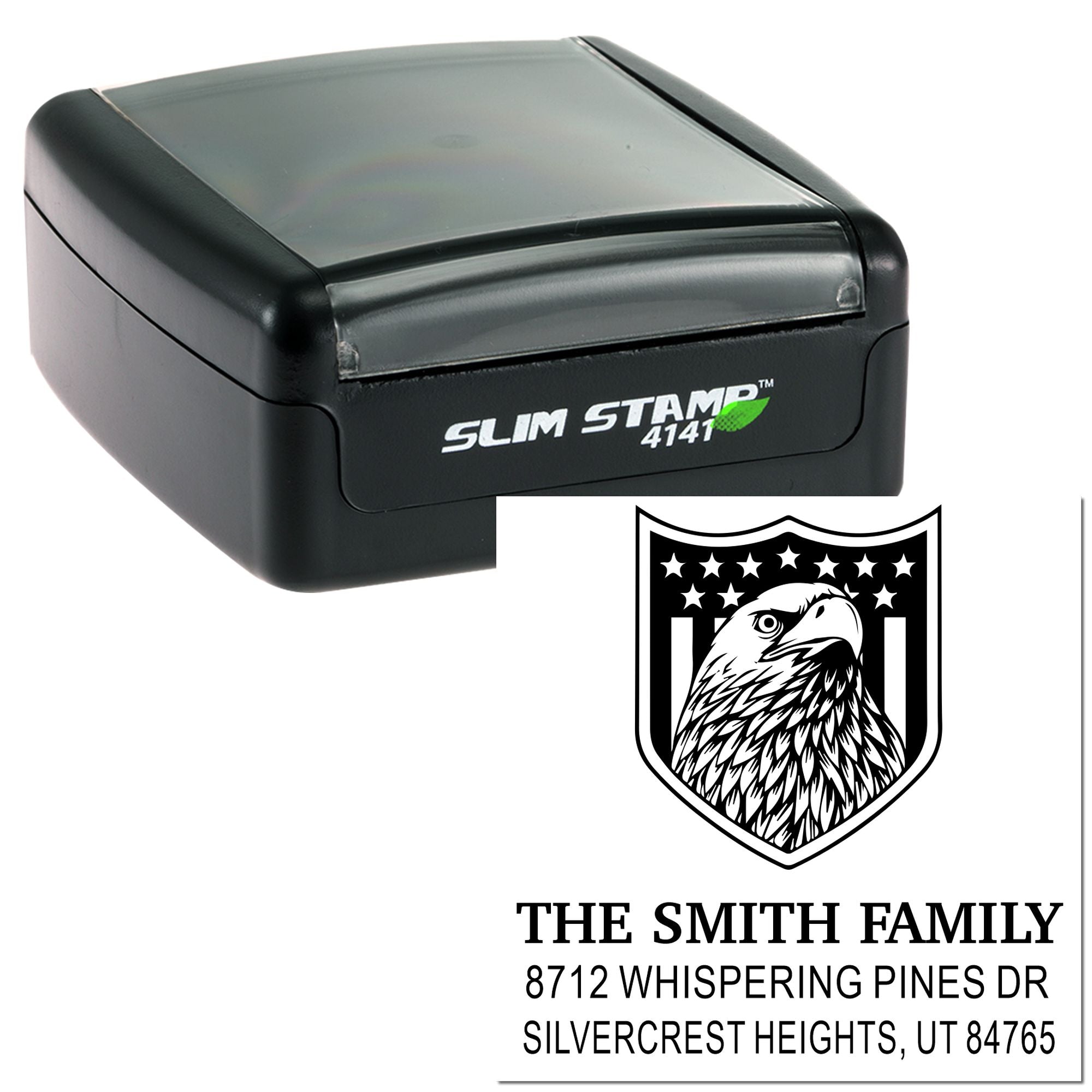 Custom self-inking rubber stamp with eagle family address design, Slim Stamp 4141, personalized return address stamp for home and business mail??