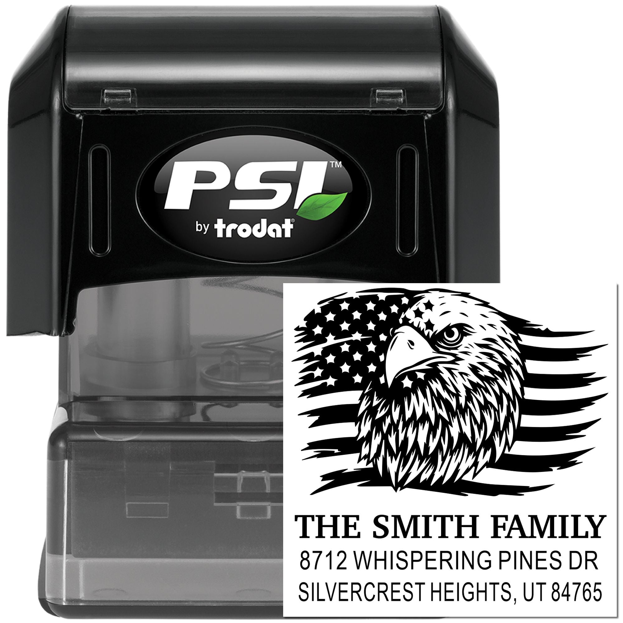 Custom self-inking rubber address stamp with eagle and American flag design, PSI by Trodat, for The Smith Family at 8712 Whispering Pines Dr, UT 84765