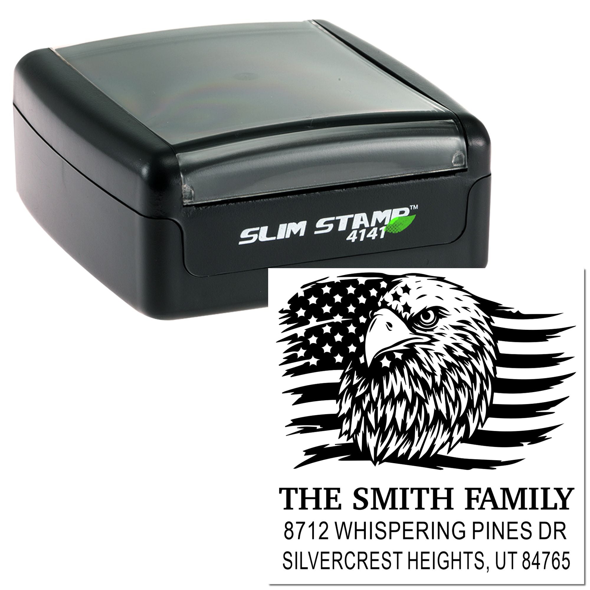 Slim Stamp 4141 self-inking custom address stamp with eagle and American flag design, showing The Smith Family address imprint.