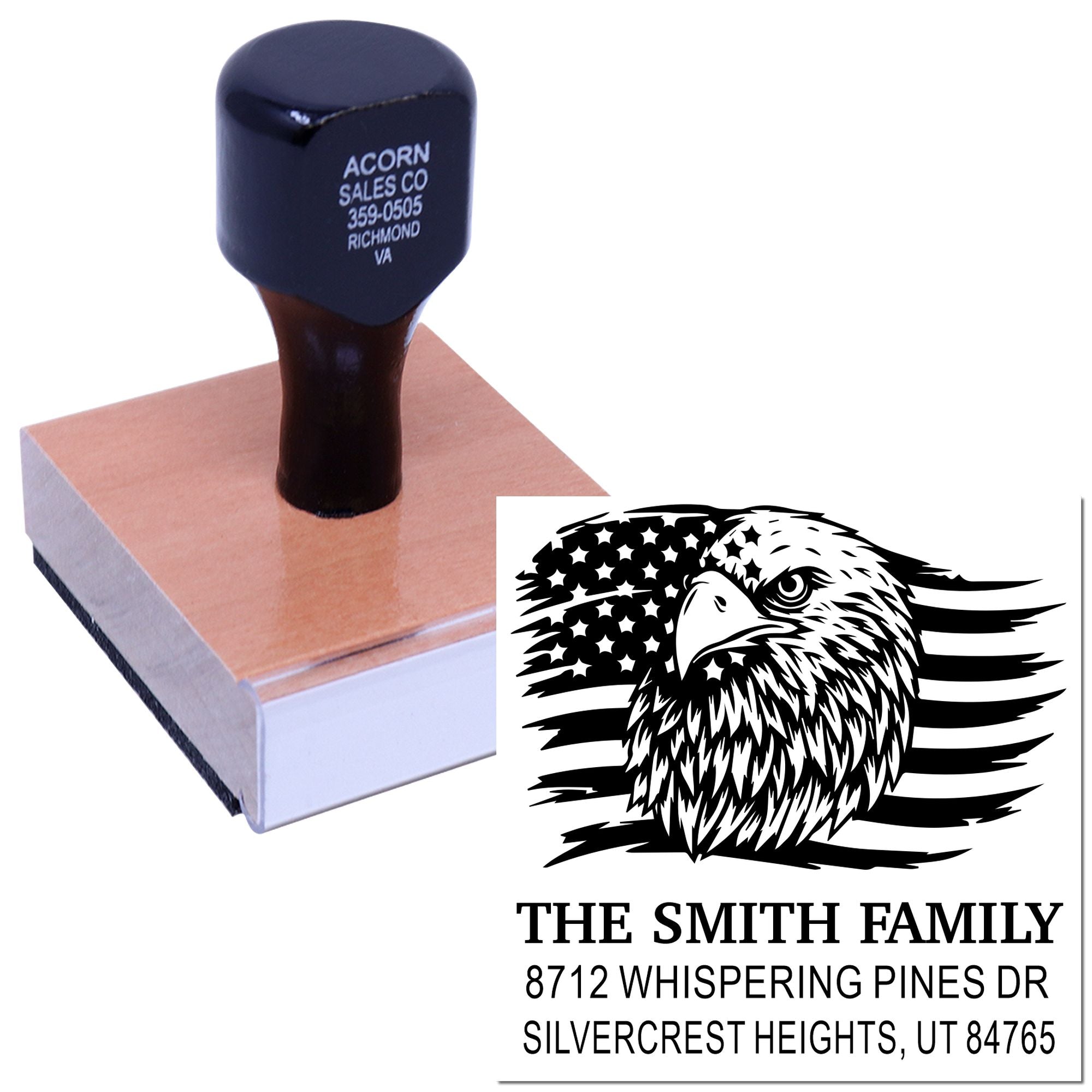 Custom rubber stamp with patriotic eagle and American flag design, personalized with family name and address for mailing, branding, or return labels