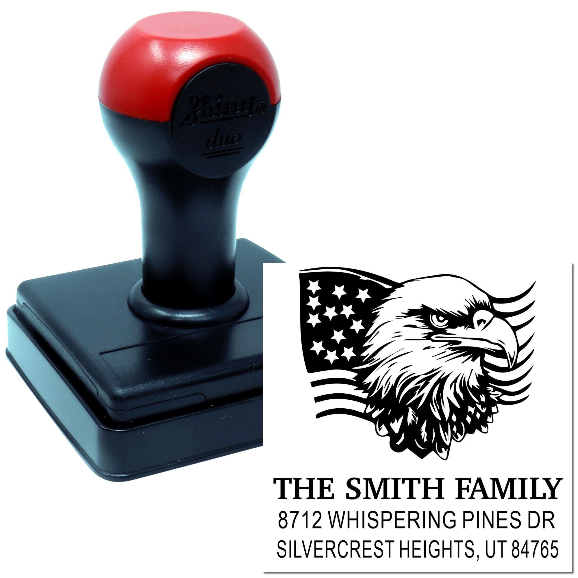 Custom self-inking rubber stamp with eagle family name and return address design, ideal for personalized mailing, correspondence, and home office use.