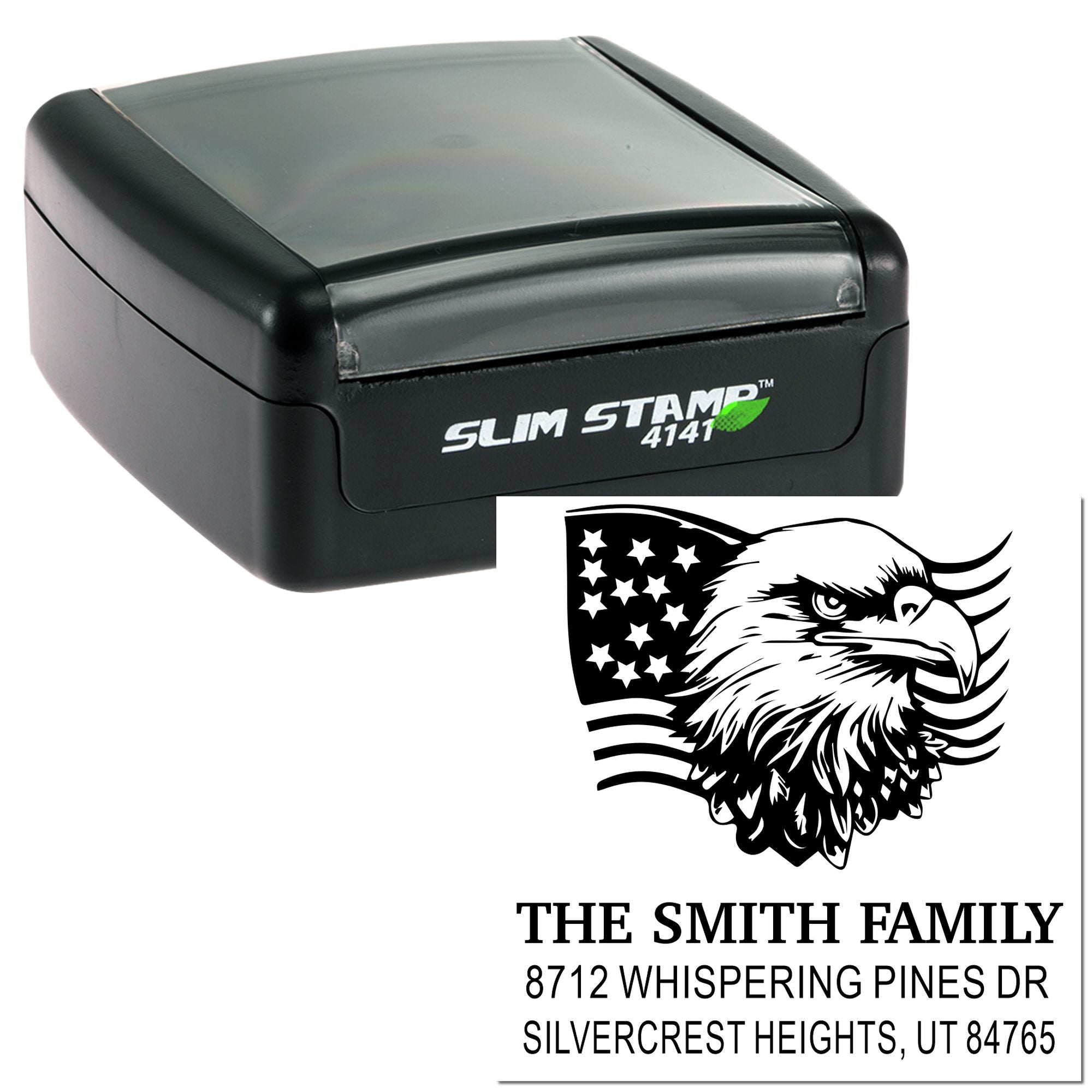 Custom self-inking rubber stamp with eagle and American flag design for The Smith Family address, featuring Slim Stamp 4141 black case.