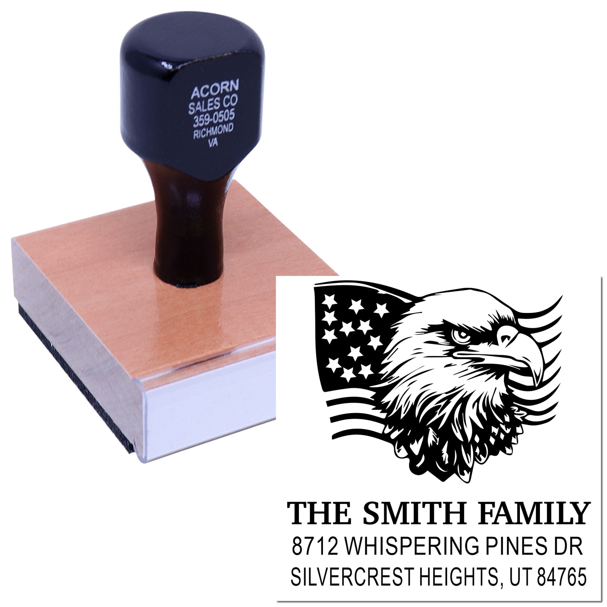Custom self-inking address stamp with eagle and American flag design, showing The Smith Family return address on a white background.