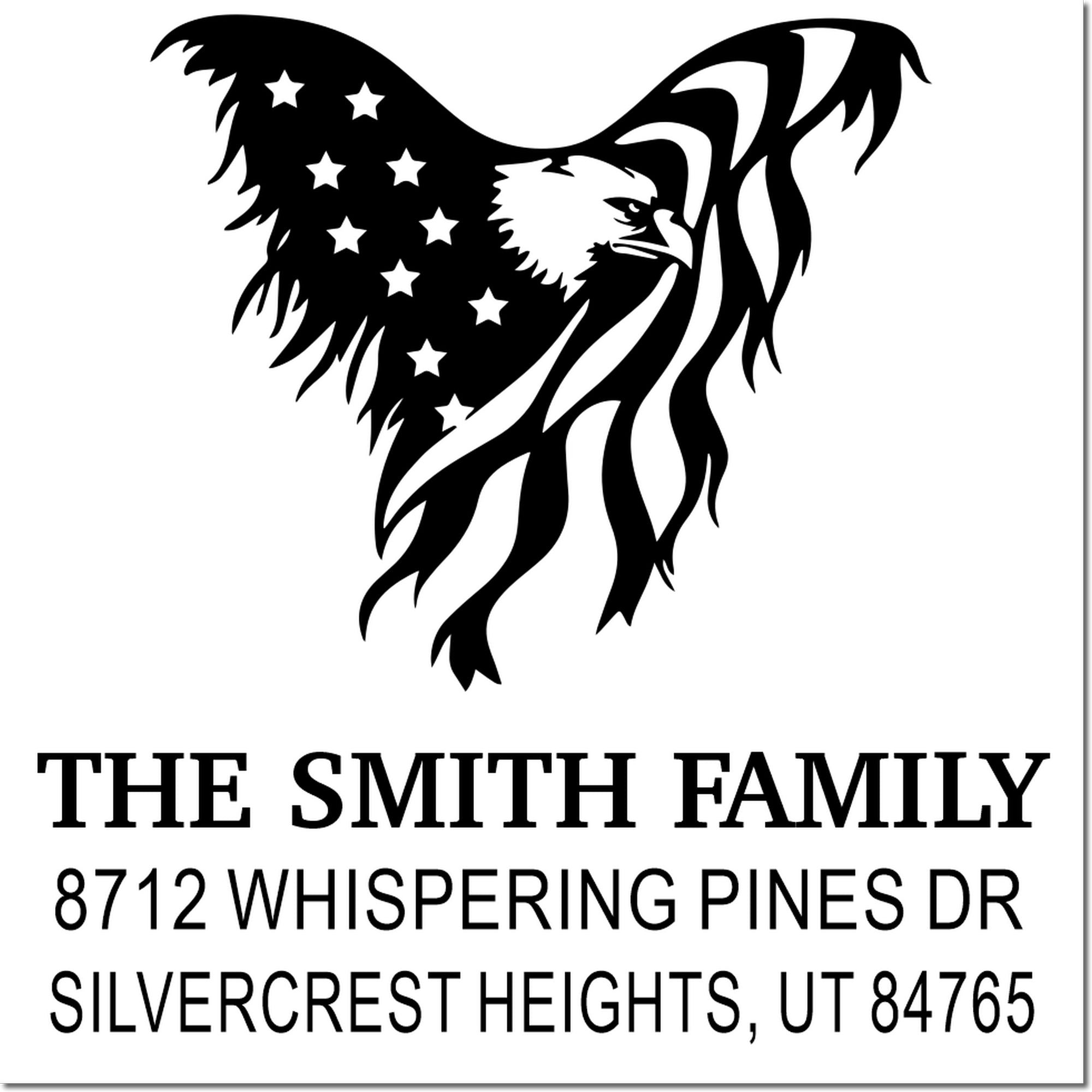 Custom rubber address stamp with patriotic eagle and American flag stars, personalized for The Smith Family, 8712 Whispering Pines Dr, Silvercrest Heights UT 84765