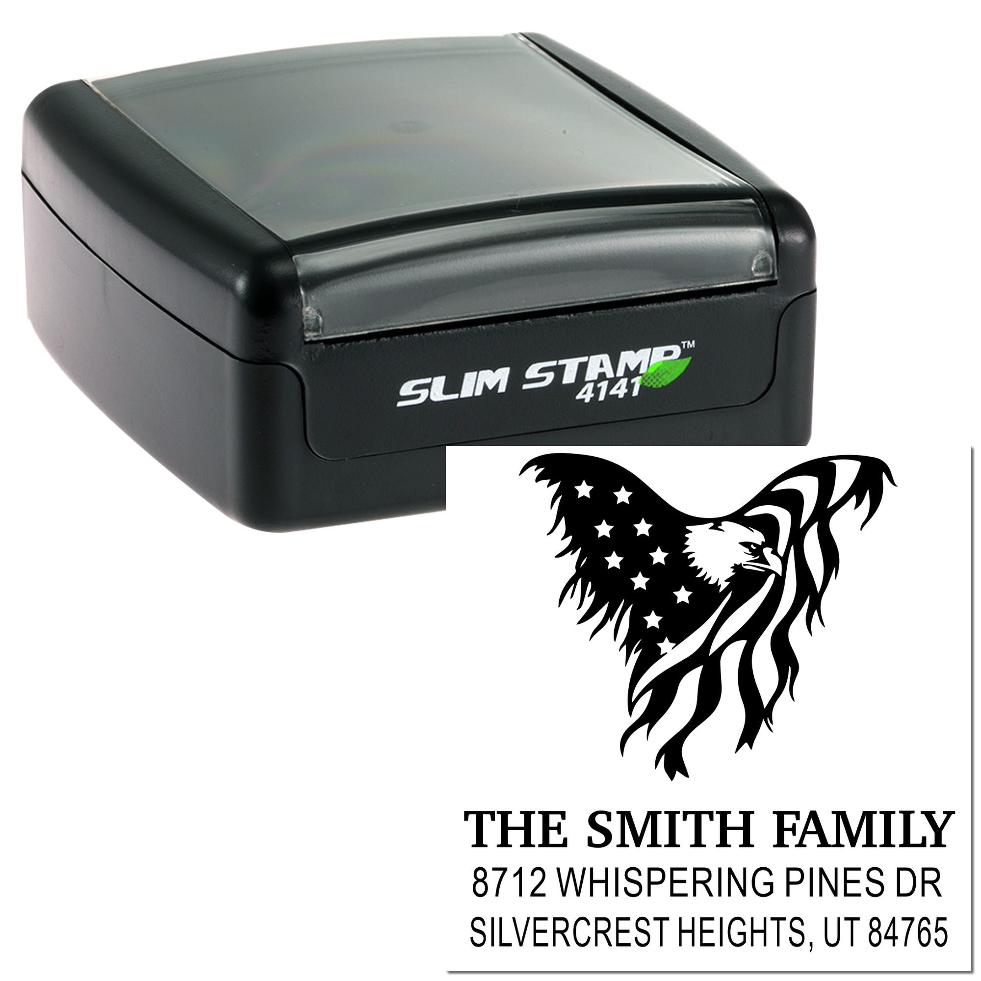 Slim self-inking return address stamp with eagle design and The Smith Family address imprint on a white background.