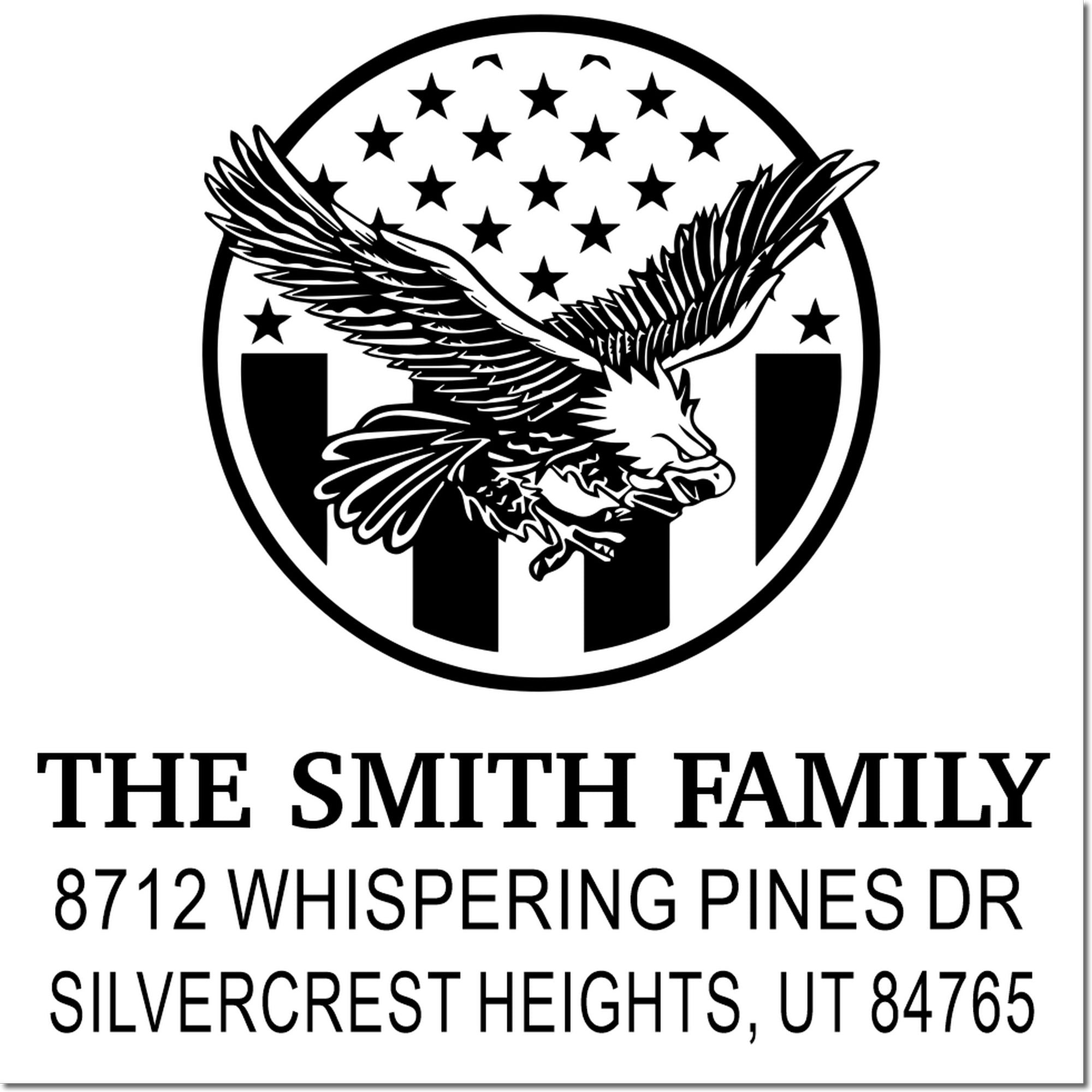 Custom rubber stamp with eagle emblem and stars, featuring The Smith Family, 8712 Whispering Pines Dr, Silvercrest Heights, UT 84765.
