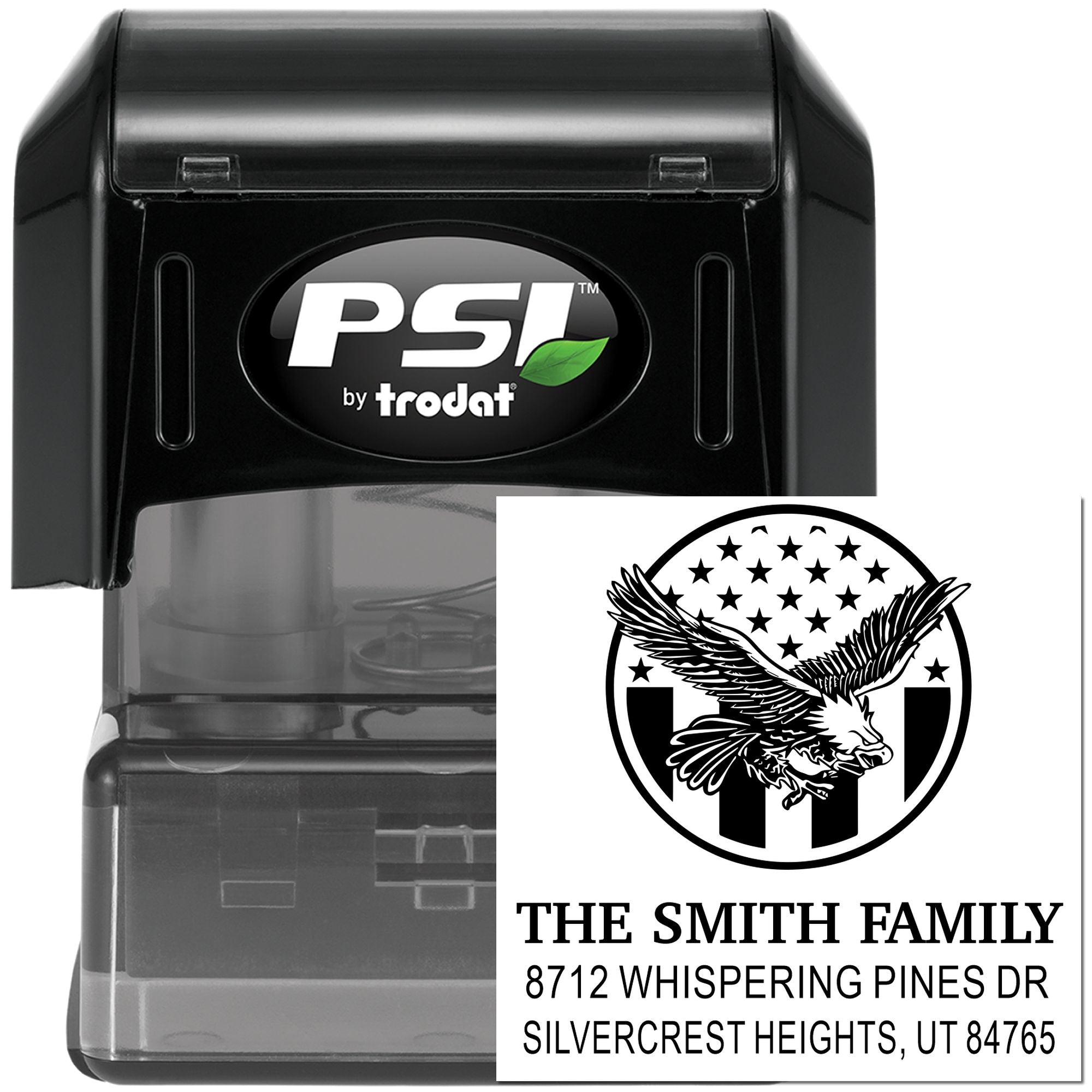 PSI by Trodat self-inking rubber address stamp with eagle emblem, custom family name, street address, and city state ZIP for mailing.