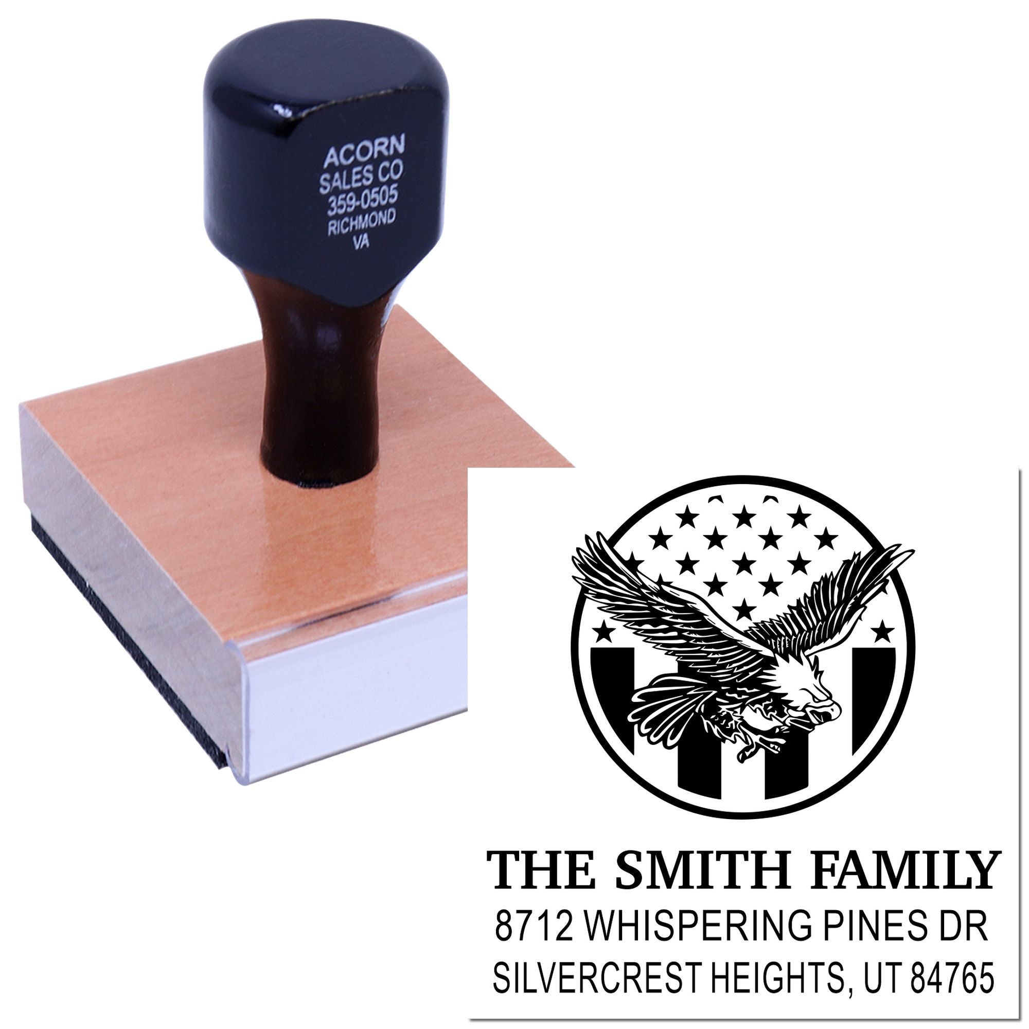 Custom rubber address stamp with eagle family monogram and return address, self-inking style stamp for mailing envelopes and stationery