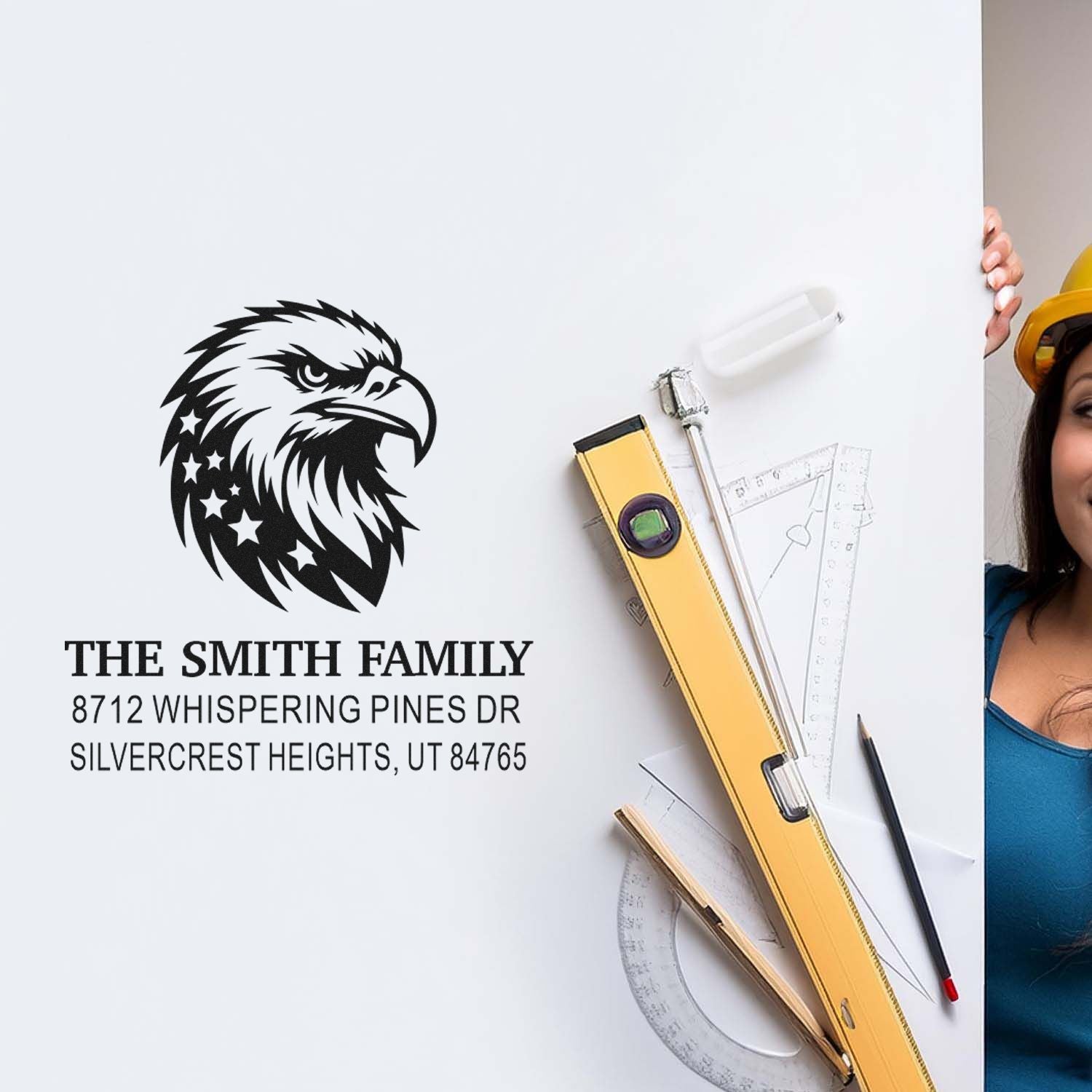 Custom family address rubber stamp with eagle logo, personalized return address, ideal for envelopes, stationery, wedding invitations, and mailings.