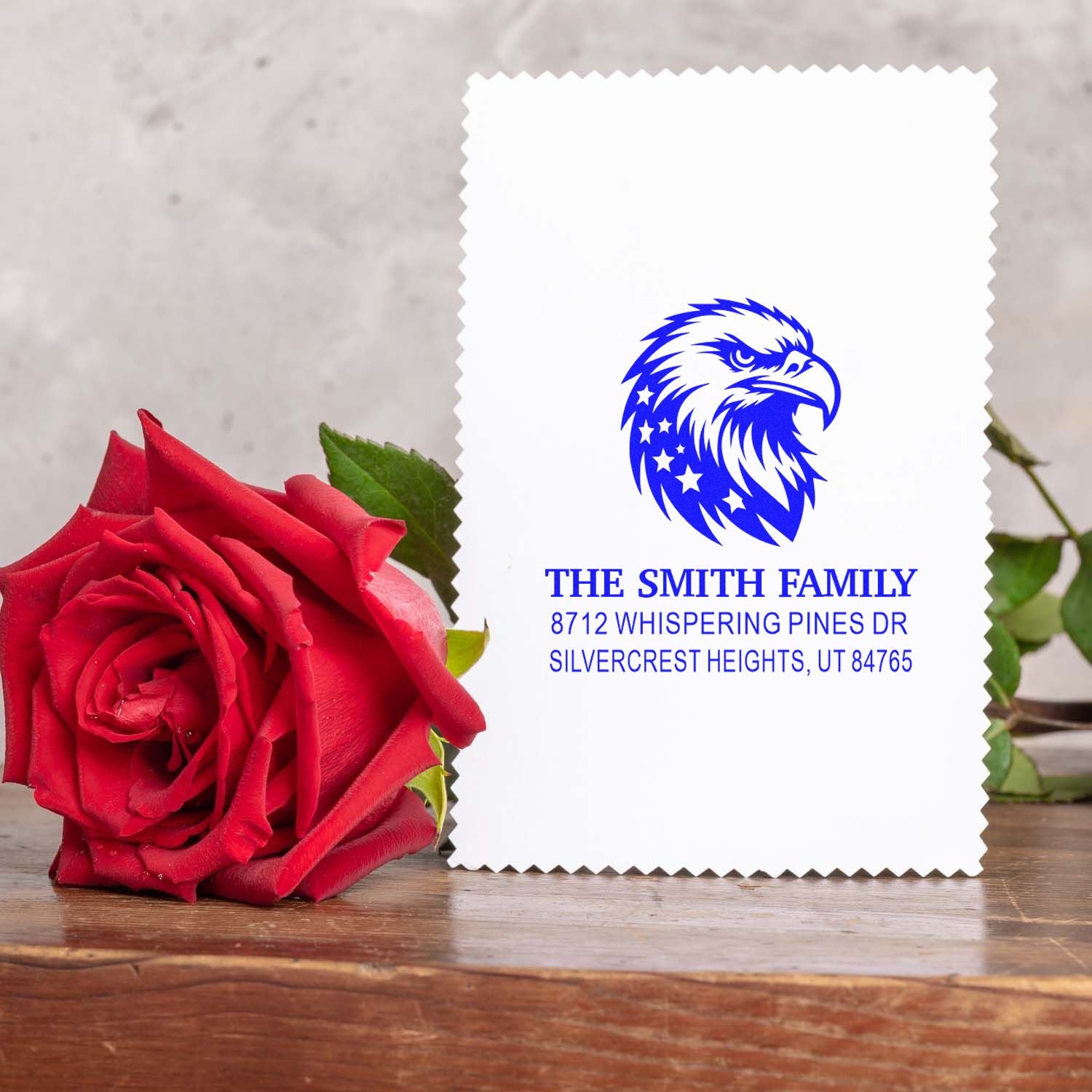 Custom family address rubber stamp with eagle design, perfect for wedding invitations, envelopes, personalized stationery and home mailings.