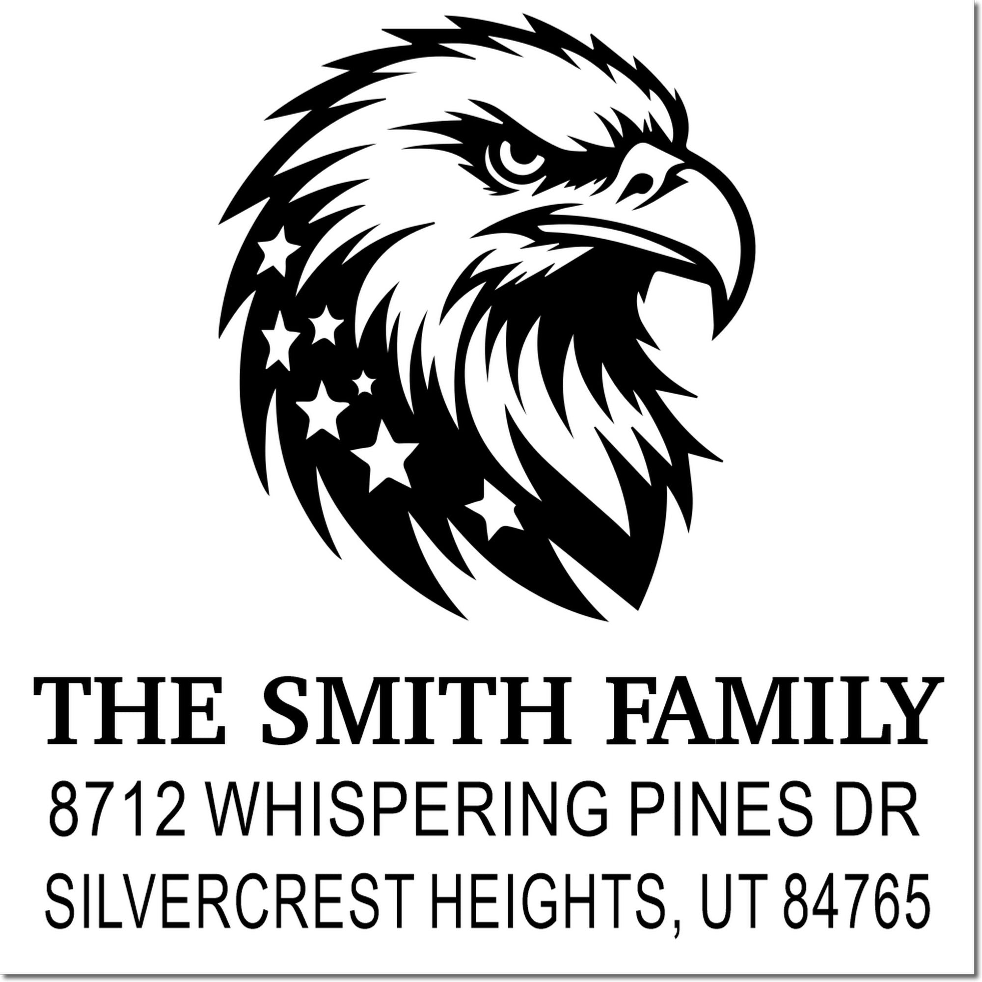 Custom rubber return address stamp with eagle logo, The Smith Family, 8712 Whispering Pines Dr, Silvercrest Heights, UT 84765, for mailing.