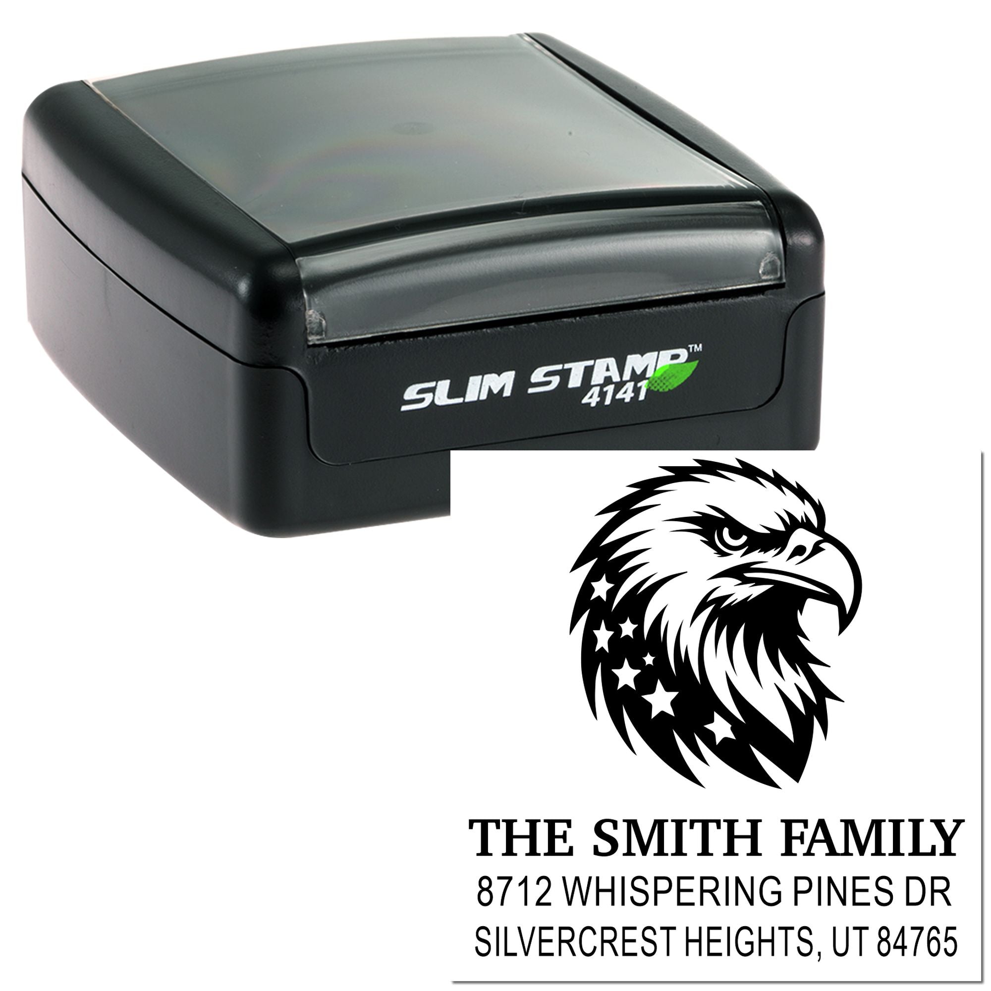 Custom self-inking rubber address stamp with eagle design, personalized family return address stamp for The Smith Family, Slim Stamp 4141