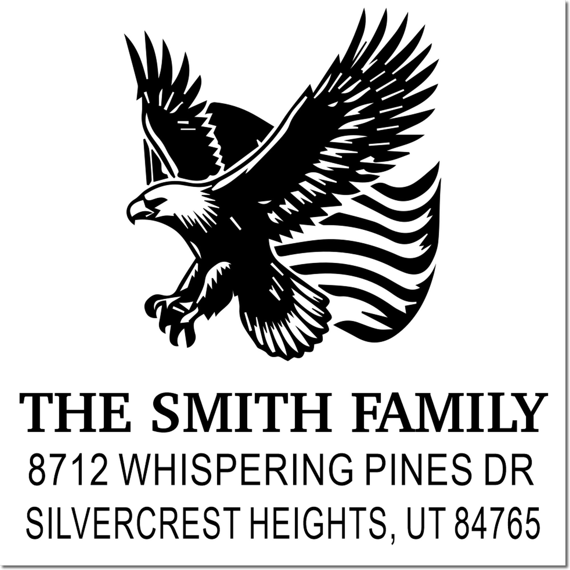 Custom patriotic family address rubber stamp with eagle and American flag wings, featuring The Smith Family and Silvercrest Heights UT address.
