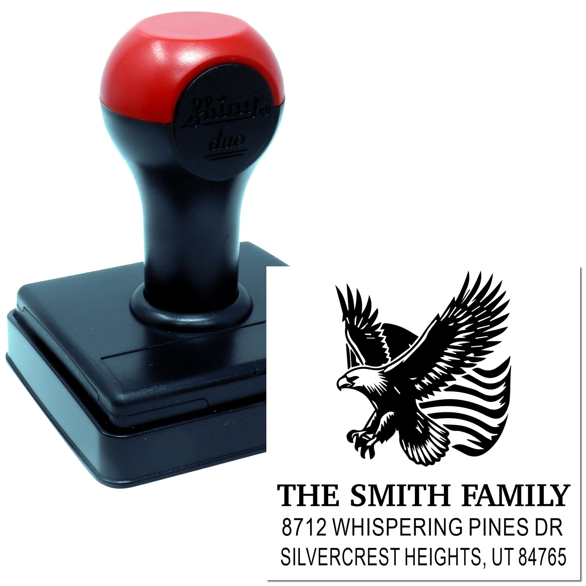 Custom self-inking rubber stamp with eagle graphic and return address for The Smith Family, 8712 Whispering Pines Dr, Silvercrest Heights, UT 84765