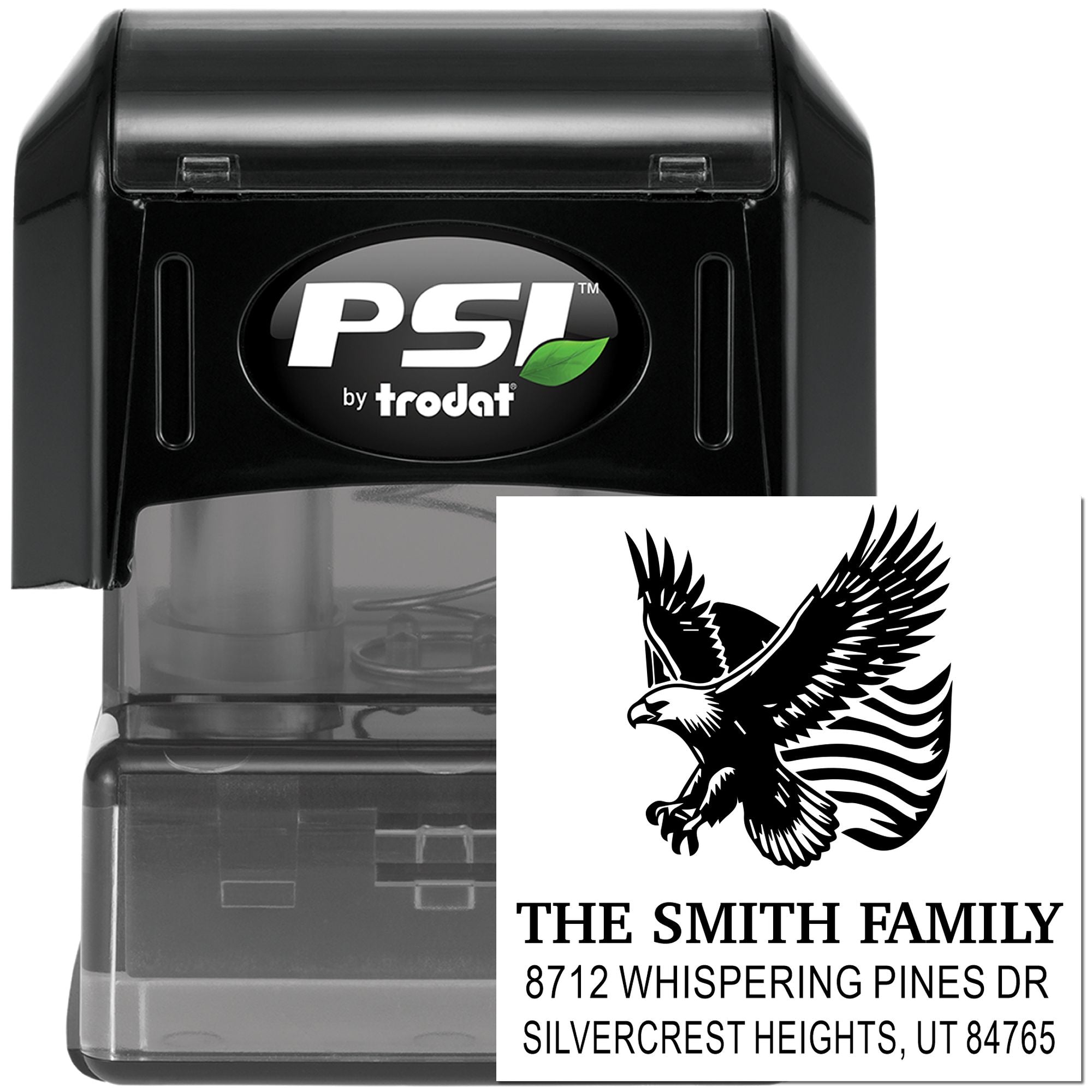 PSI by Trodat self-inking rubber address stamp with eagle design, custom The Smith Family return address stamp for envelopes and mailings