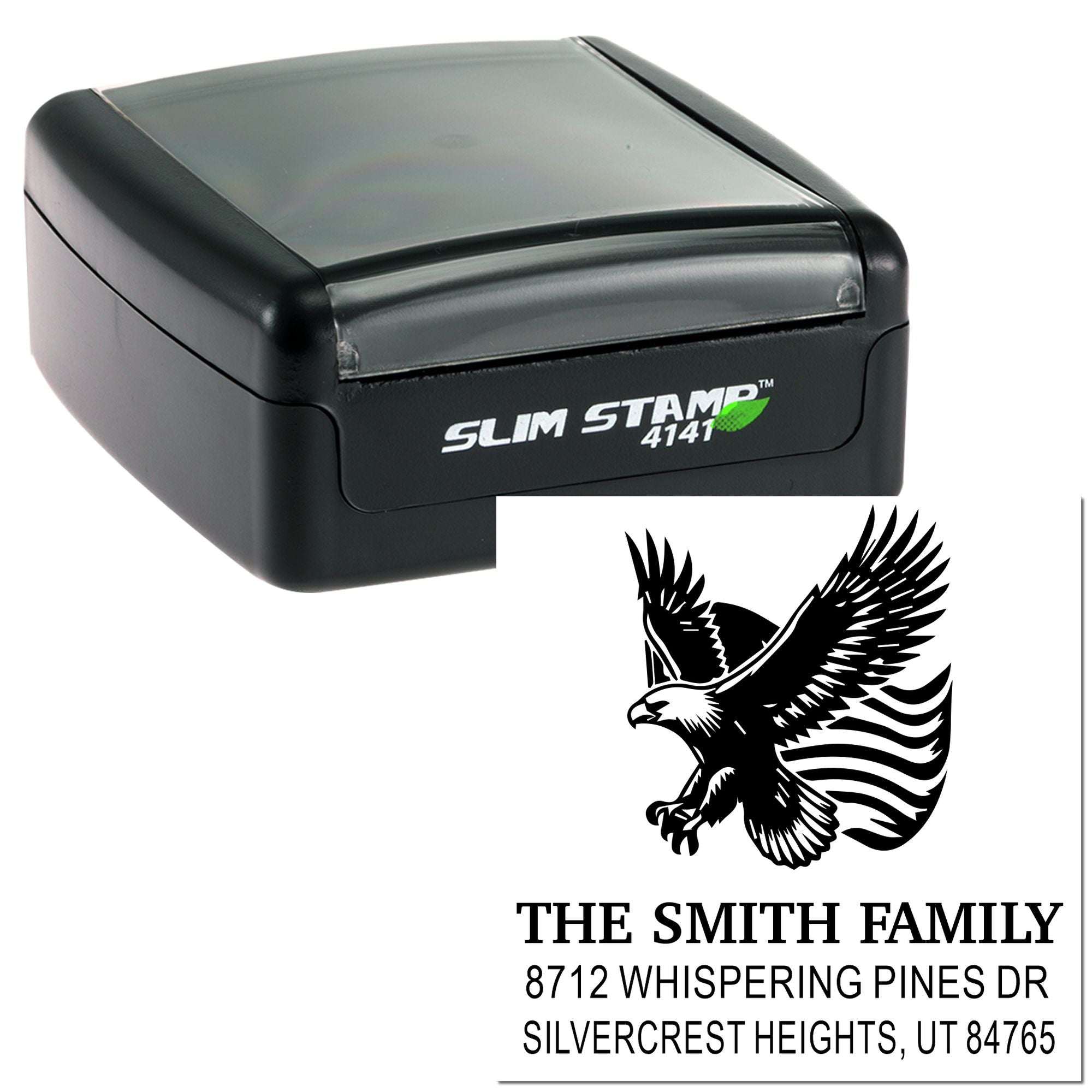 Custom self-inking rubber stamp with eagle family return address design, Slim Stamp 4141, ideal for personalized mailing and office use.