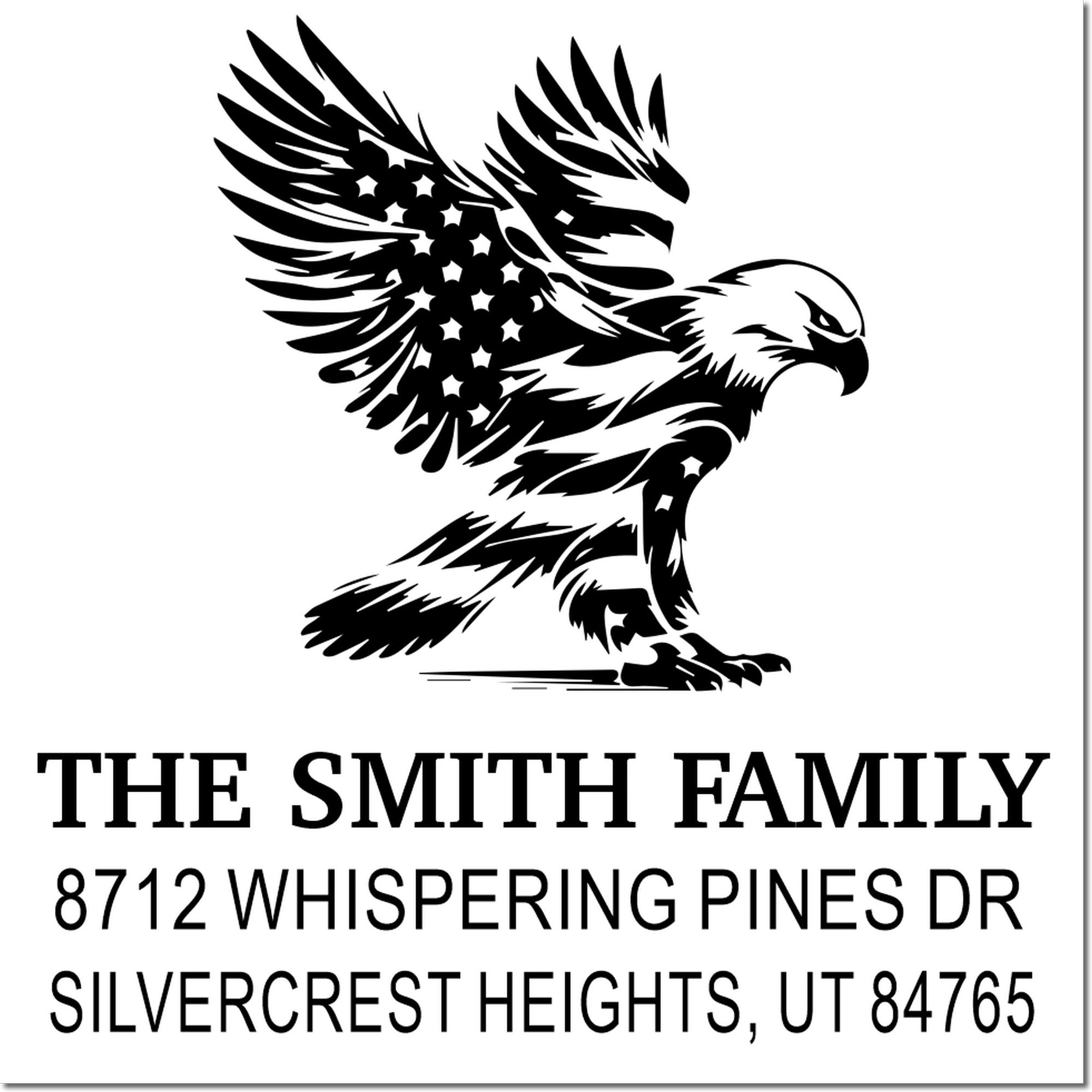 Custom self-inking family address stamp with patriotic eagle design, The Smith Family, 8712 Whispering Pines Dr, Silvercrest Heights, UT 84765