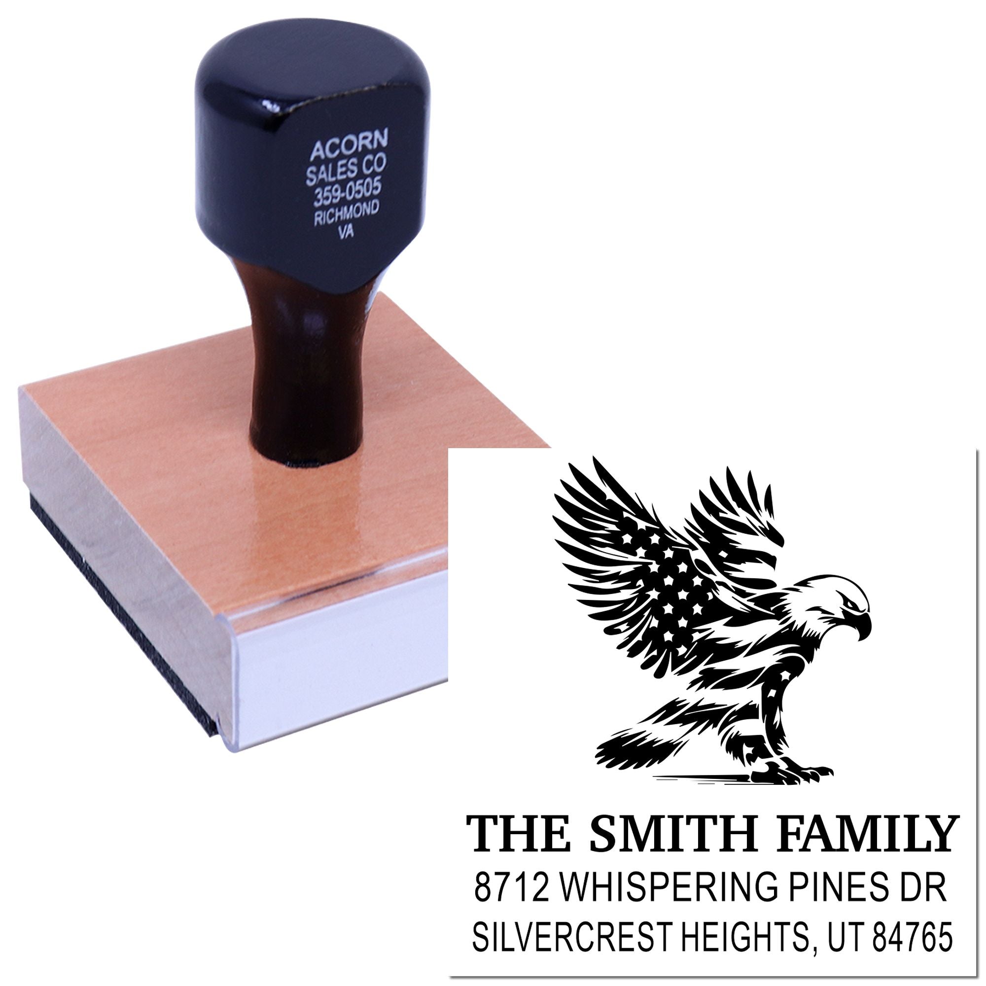 Custom rubber address stamp with eagle logo for The Smith Family, featuring return address and Silvercrest Heights, UT 84765 on a wood-mounted block