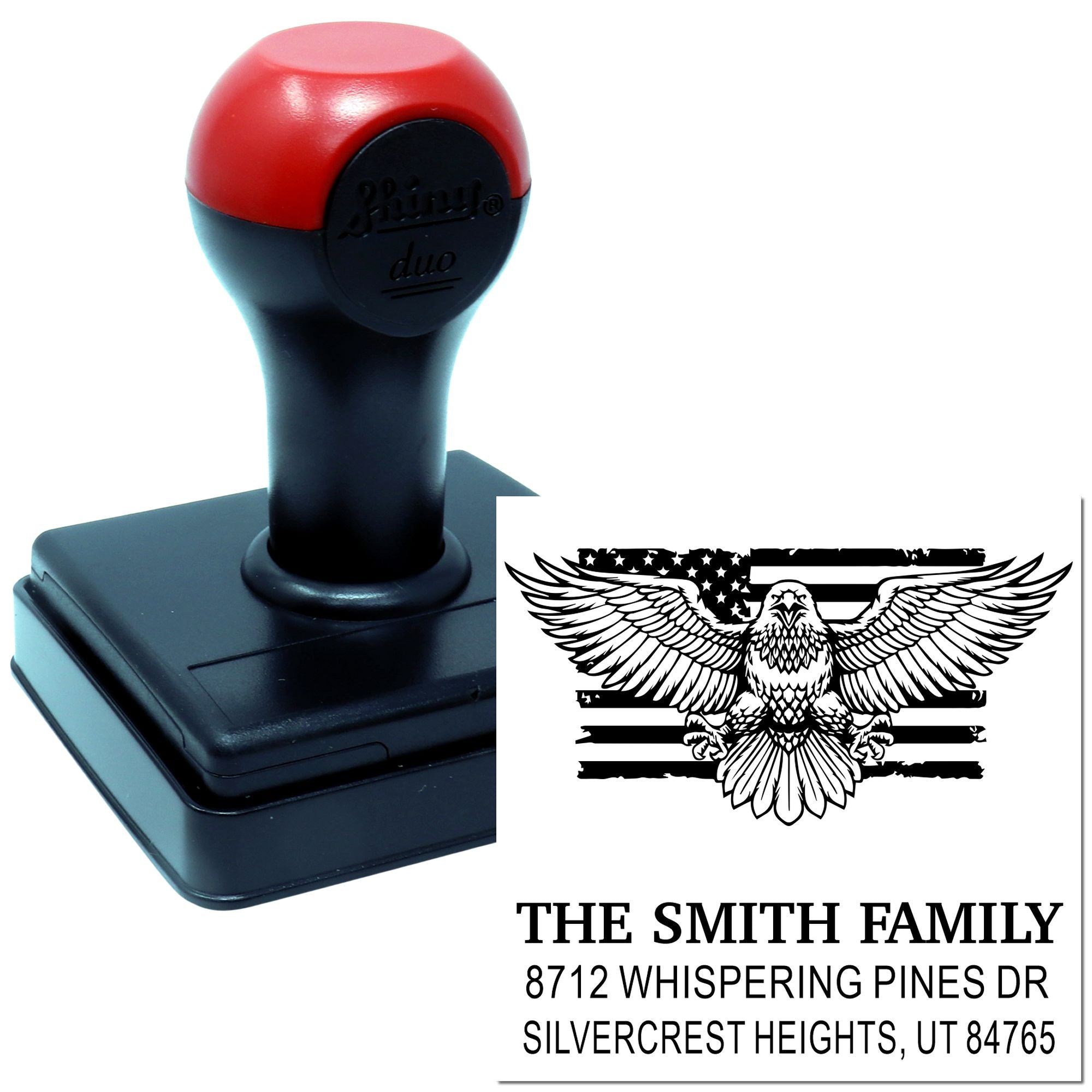Custom self-inking rubber address stamp with eagle design, personalized return address for The Smith Family, Silvercrest Heights, UT