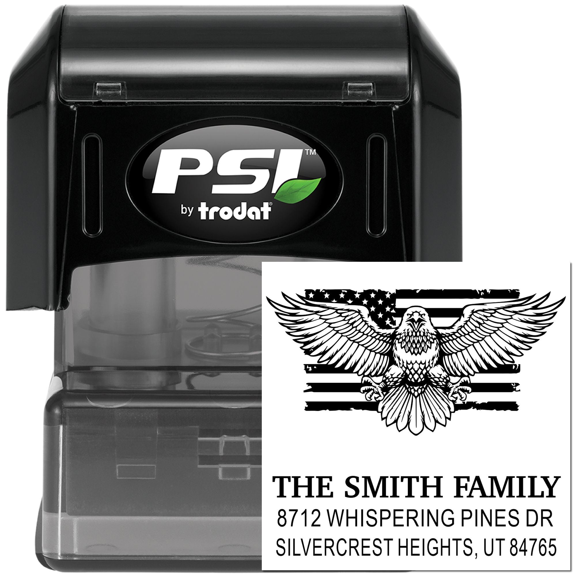 PSI by Trodat self-inking rubber address stamp with eagle and American flag design, personalized family name and custom return address.