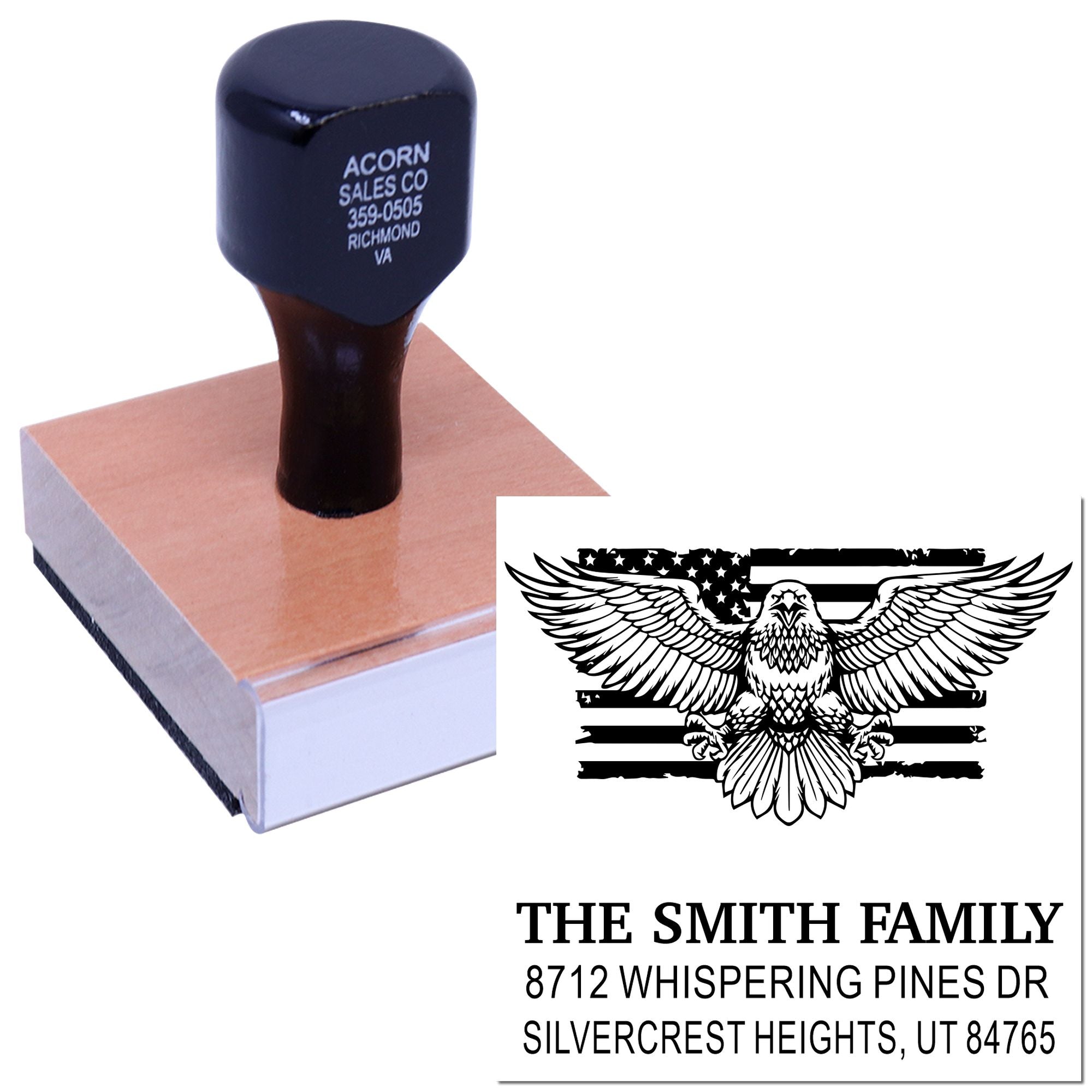 Custom rubber address stamp with eagle graphic, personalized family name and return address for mailing, business, or home correspondence.