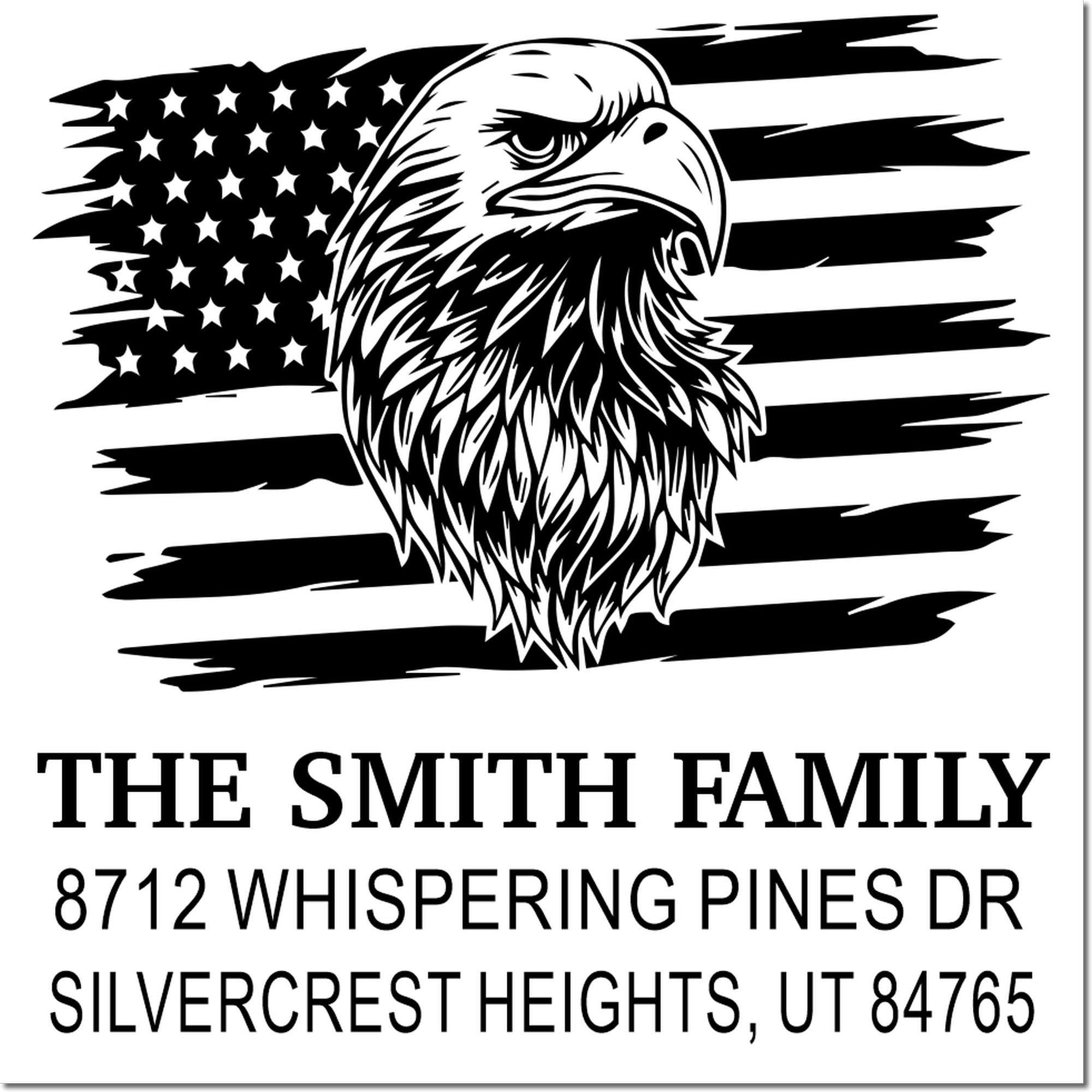 Custom rubber stamp with eagle and distressed American flag design, personalized family name, address and patriotic return mailing details