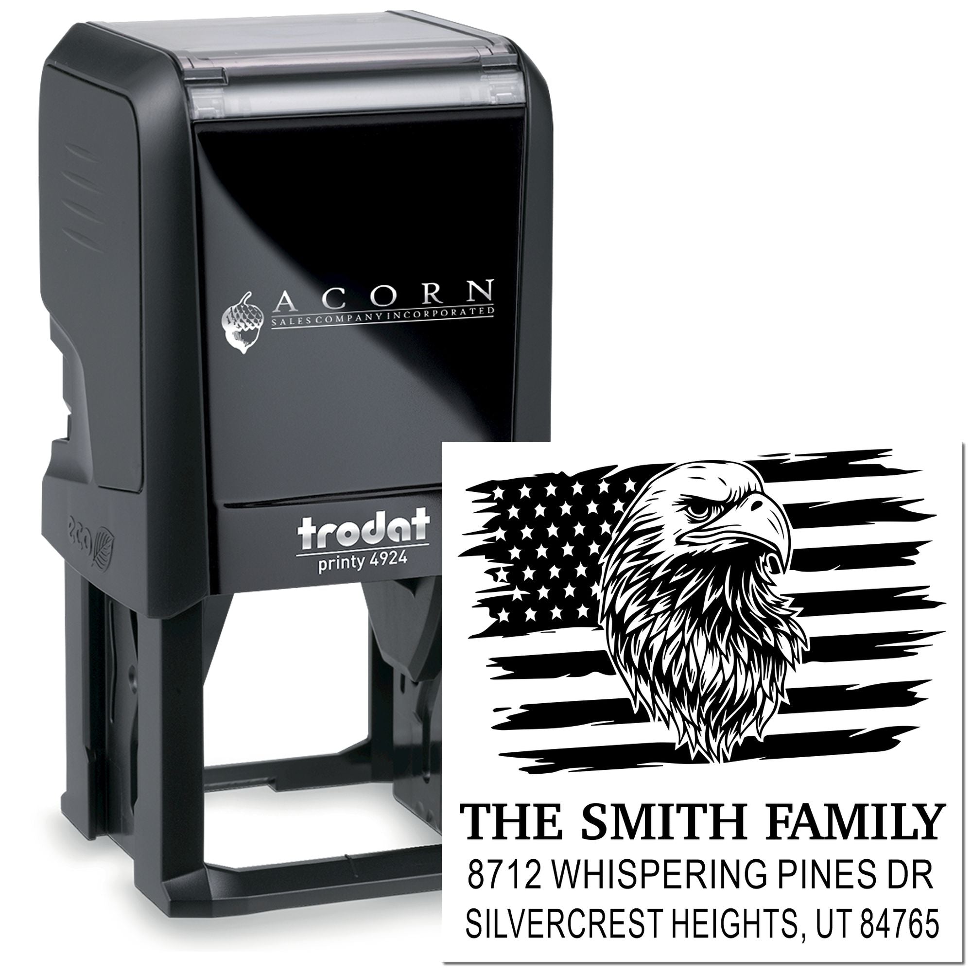 Custom self-inking rubber address stamp with eagle and American flag design, personalized family name and address for mailing labels