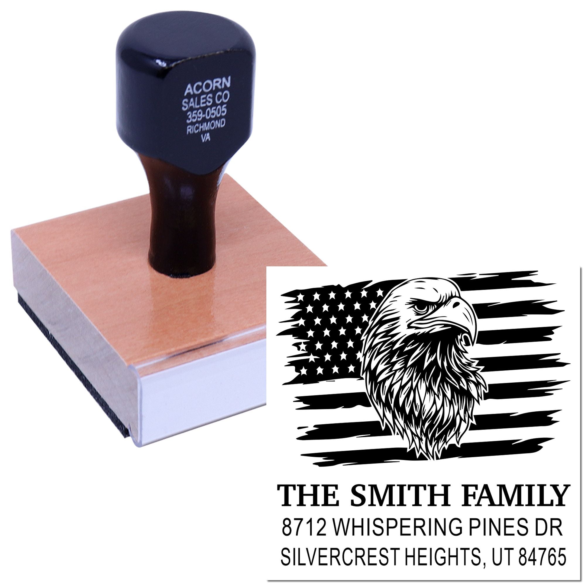 Custom rubber address stamp with patriotic eagle and American flag design, featuring The Smith Family return address for envelopes and mail.