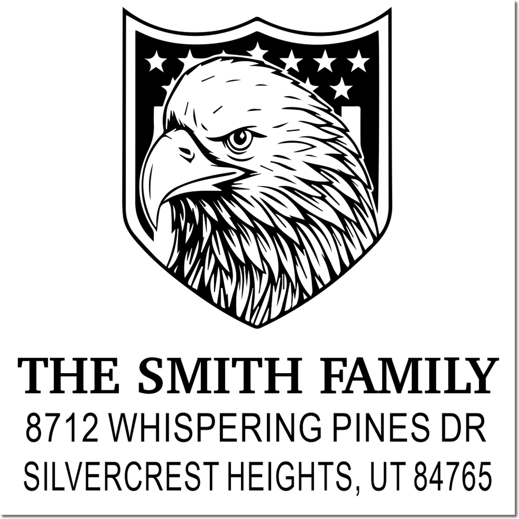 Custom rubber stamp with eagle crest and stars, featuring The Smith Family name, street address, and Silvercrest Heights, UT 84765 for mail use