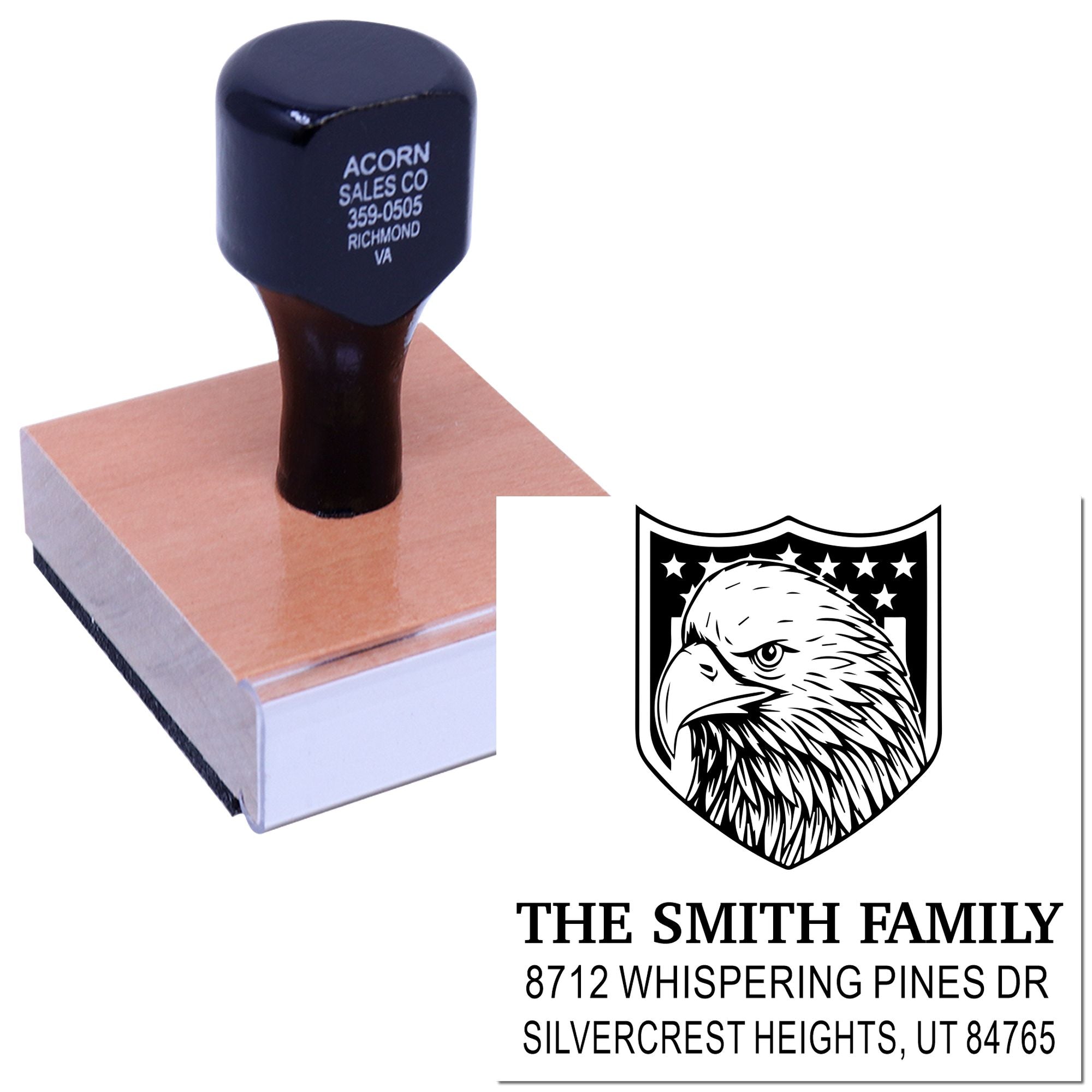 Custom rubber stamp with eagle shield design, personalized family return address, and The Smith Family name with 8712 Whispering Pines Dr, Utah.