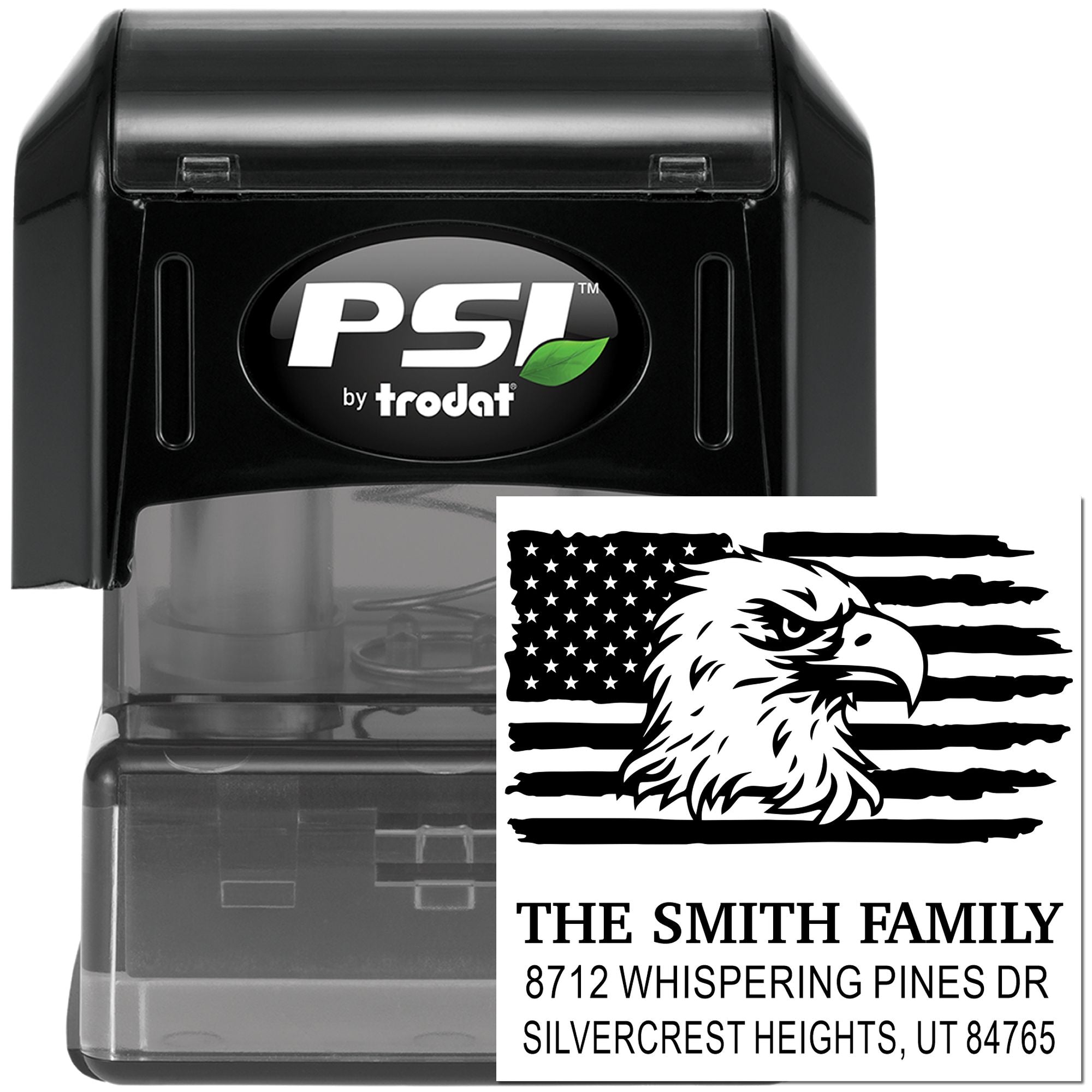 Custom self-inking rubber stamp with eagle and American flag design, featuring The Smith Family mailing address and PSI by Trodat case.