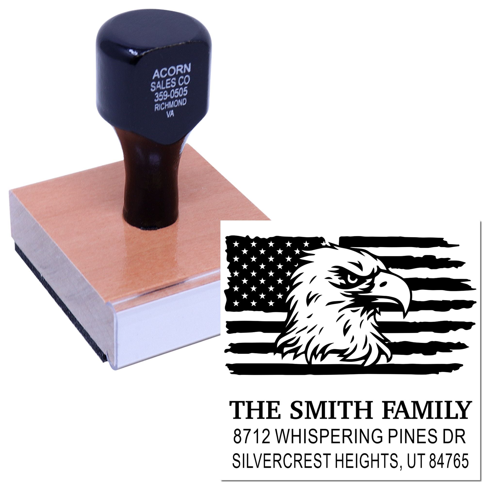 Custom rubber stamp with patriotic eagle and American flag design, displaying family name and return address on a white background.