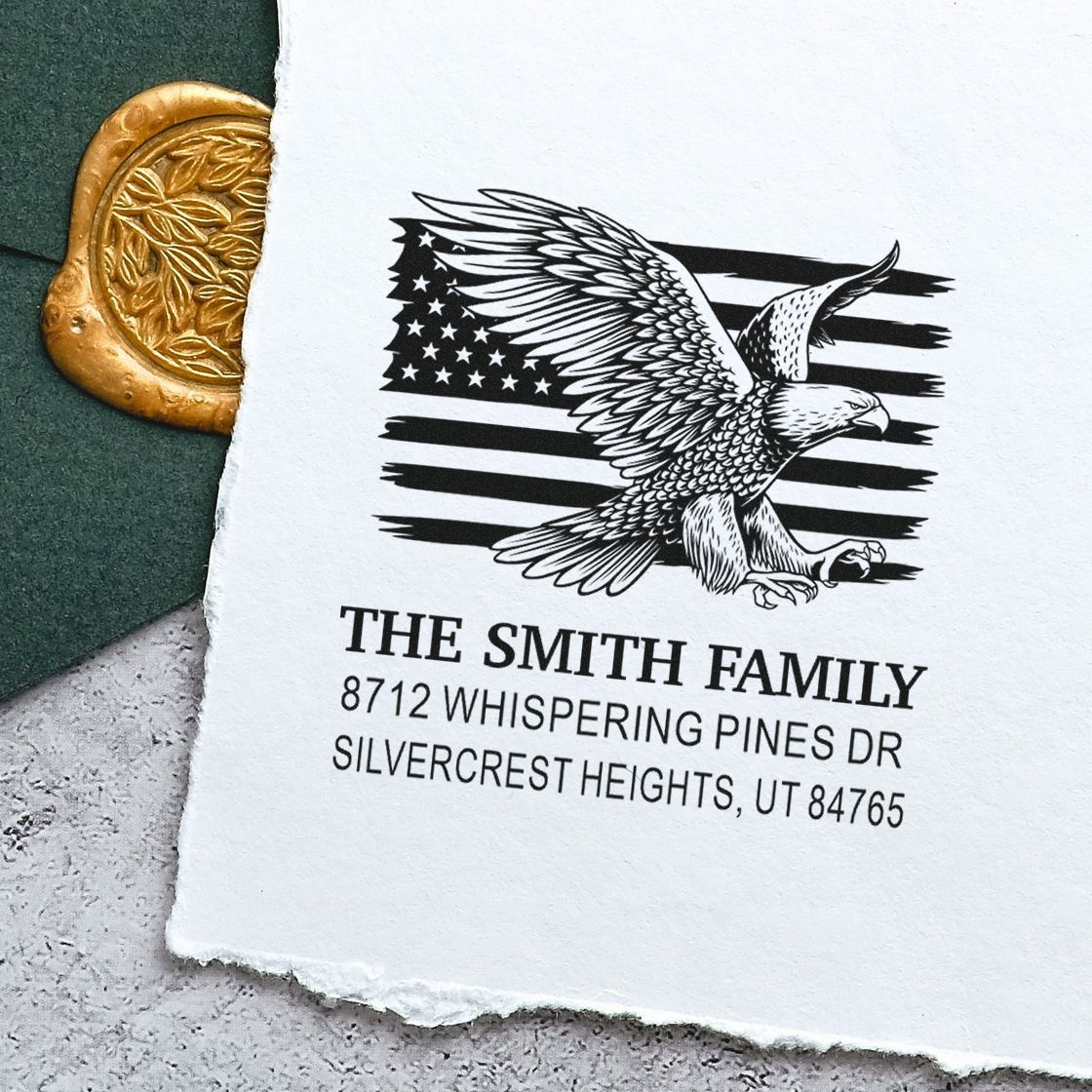 Custom rubber stamp impression with eagle and American flag design, featuring The Smith Family name and address for personalized return mailing.