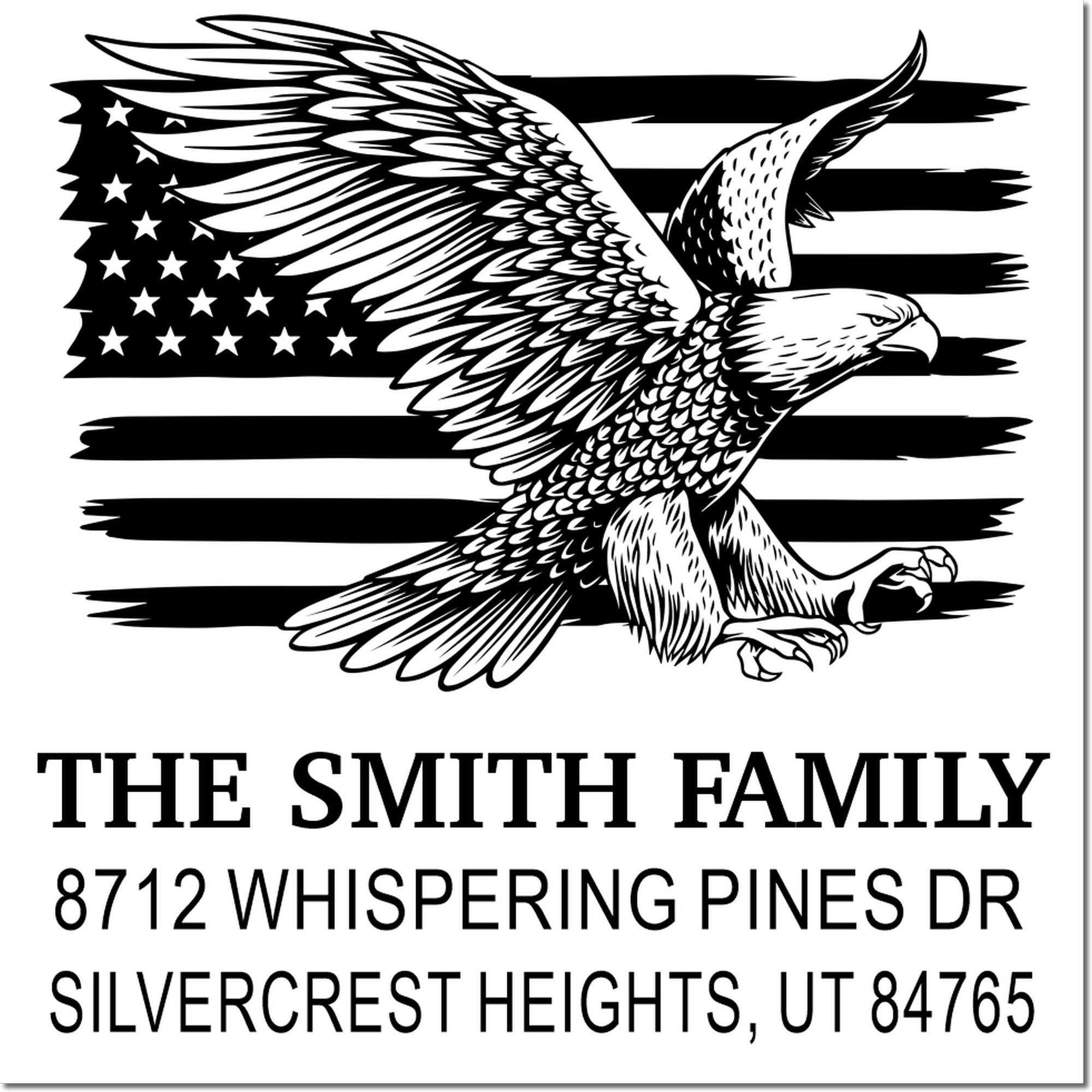Custom family address rubber stamp with bald eagle and American flag design, personalized Smith family return address for Silvercrest Heights, UT 84765