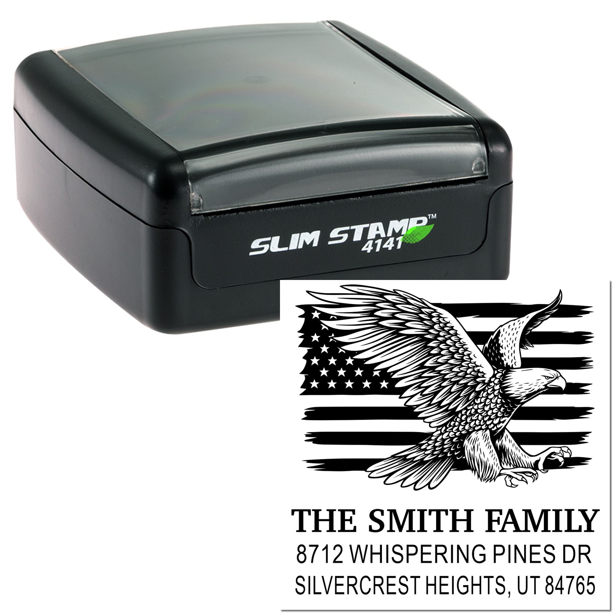 Custom Slim Stamp 4141 self-inking rubber address stamp with patriotic eagle and American flag design for The Smith Family mailing address mark