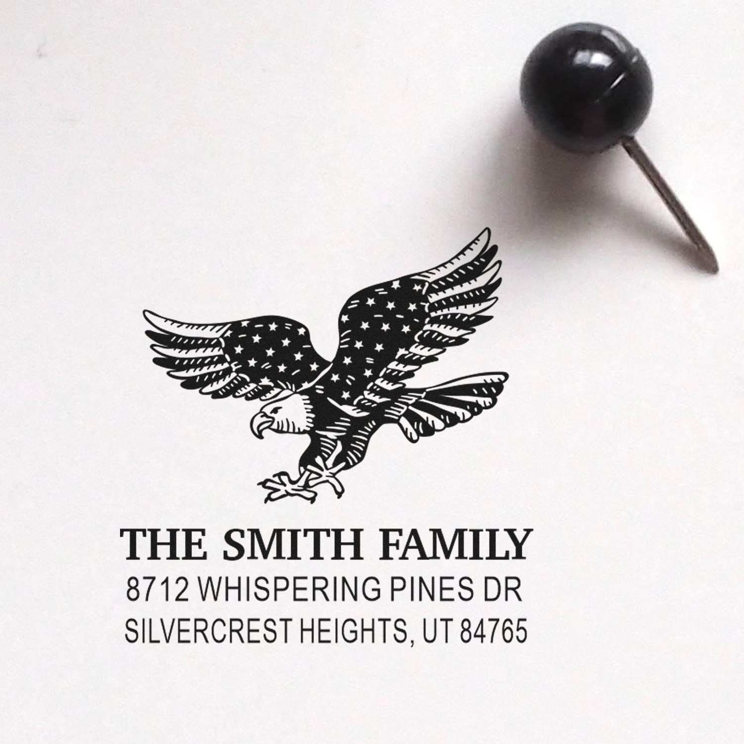 Custom self-inking rubber stamp with patriotic eagle design, personalized Smith family name and address for envelopes, mail and stationery.