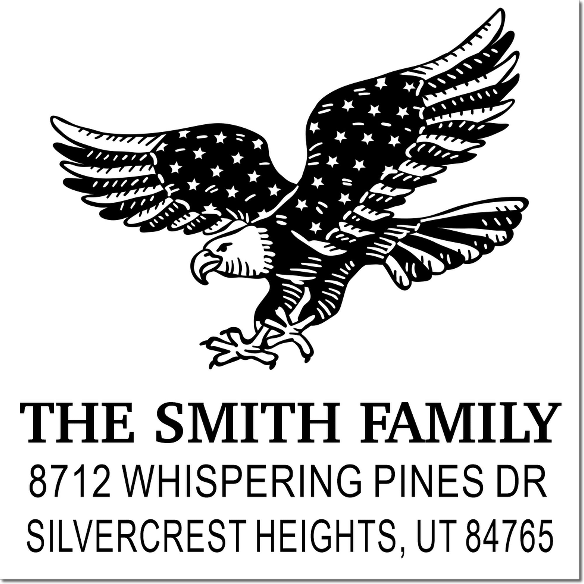 Custom rubber stamp with patriotic eagle design, The Smith Family name, and address 8712 Whispering Pines Dr, Silvercrest Heights, UT 84765