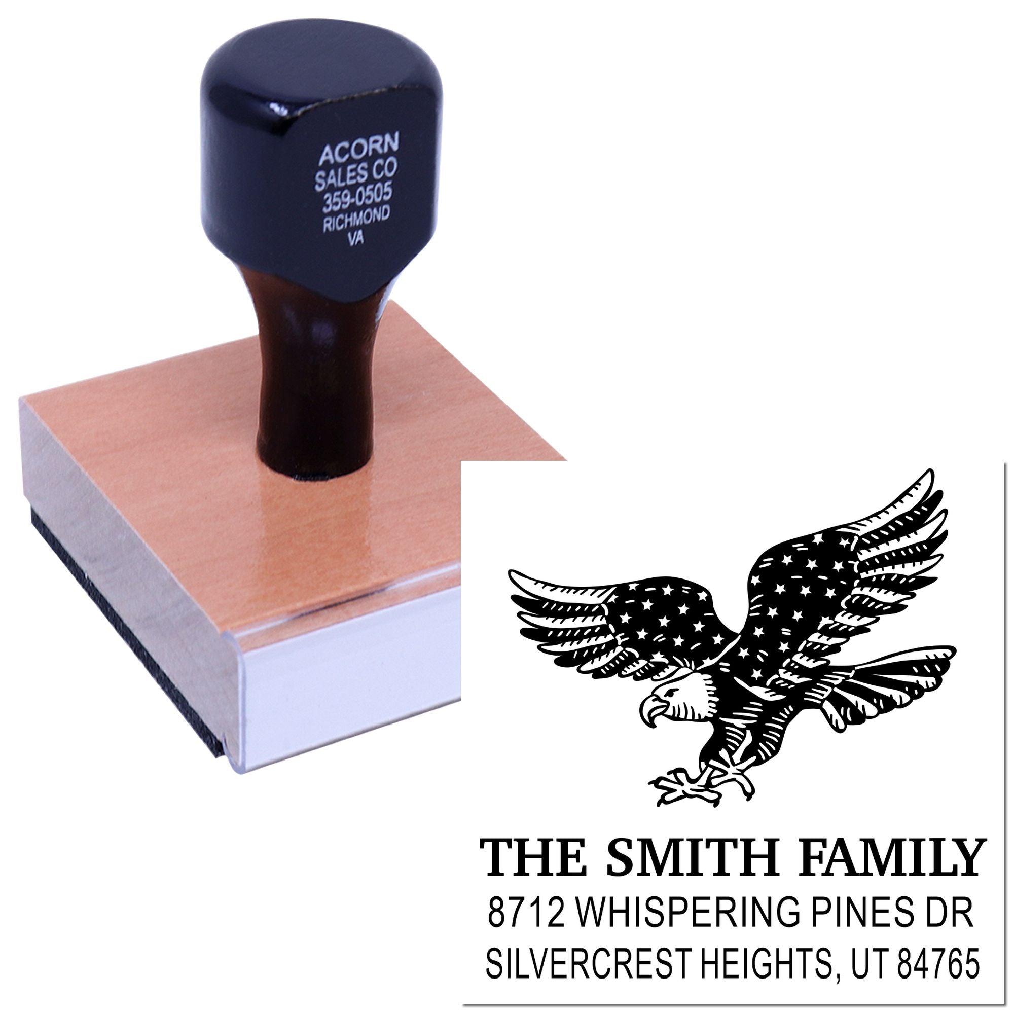 Custom address rubber stamp with eagle design, personalized with The Smith Family name and Utah return address for envelopes and mailings