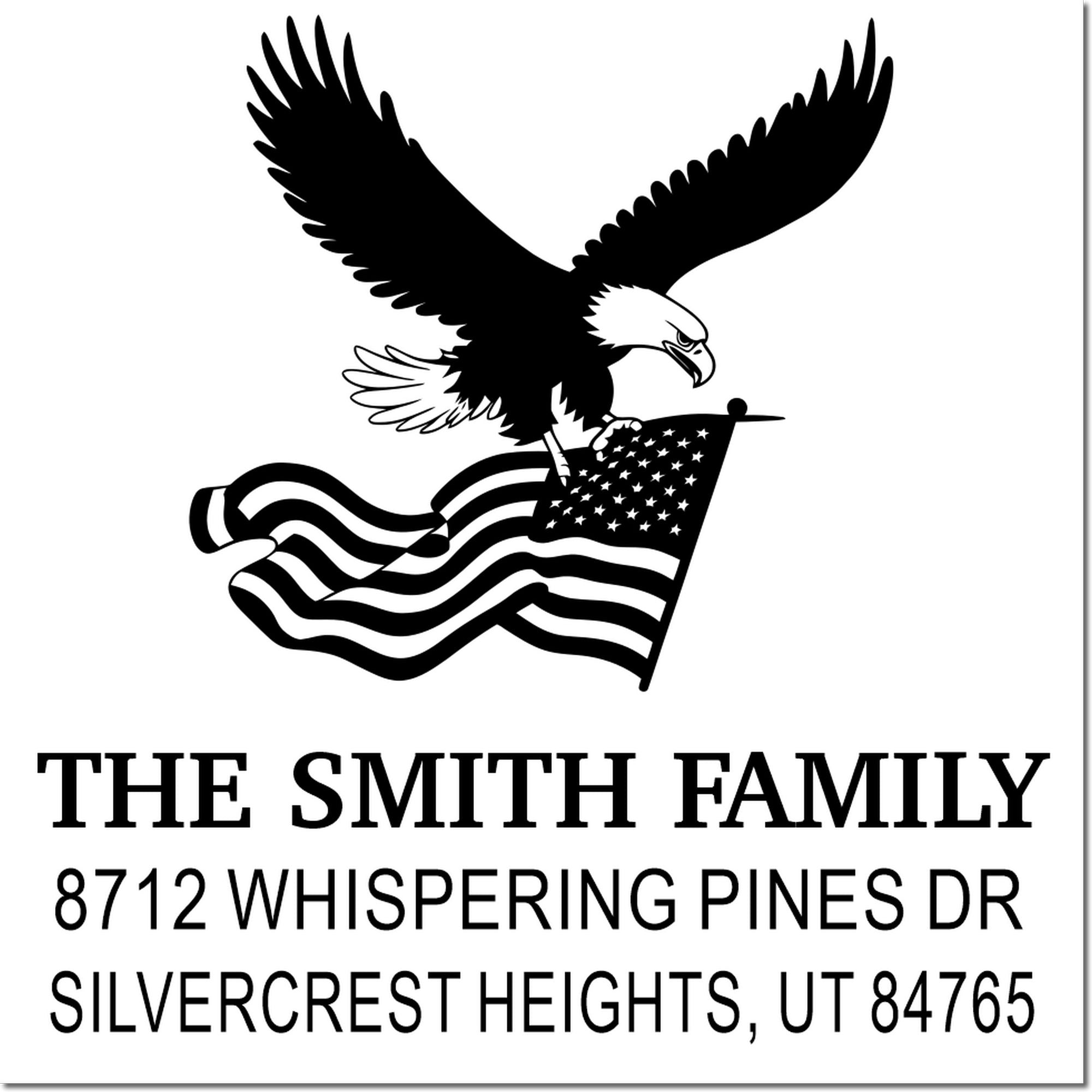 Custom return address rubber stamp with eagle and American flag design, personalized for The Smith Family, Silvercrest Heights, UT 84765 home use.