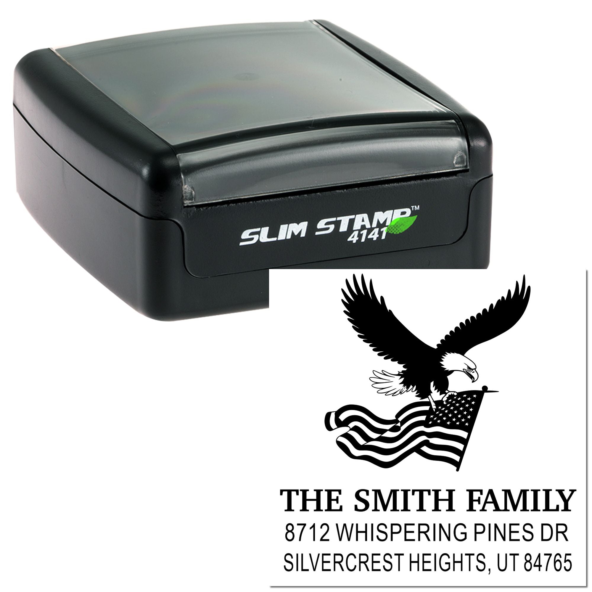 Slim Stamp 4141 custom self-inking rubber address stamp with eagle and American flag design, featuring The Smith Family name and address