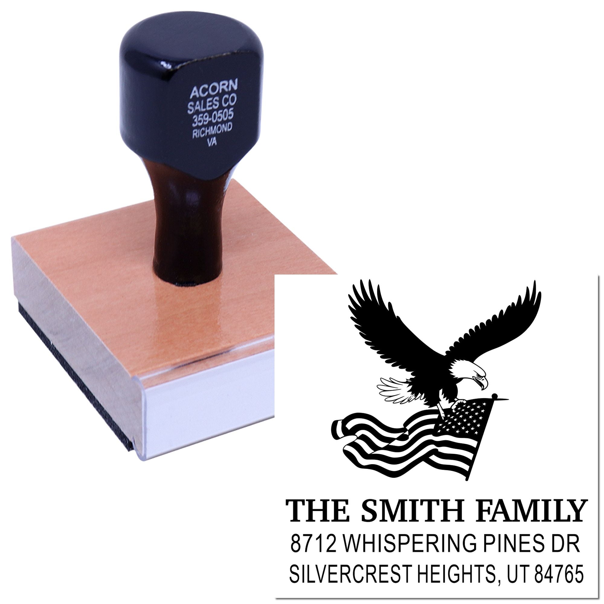 Custom rubber address stamp with eagle and American flag design, personalized family name and return address for envelopes, cards and mailings.