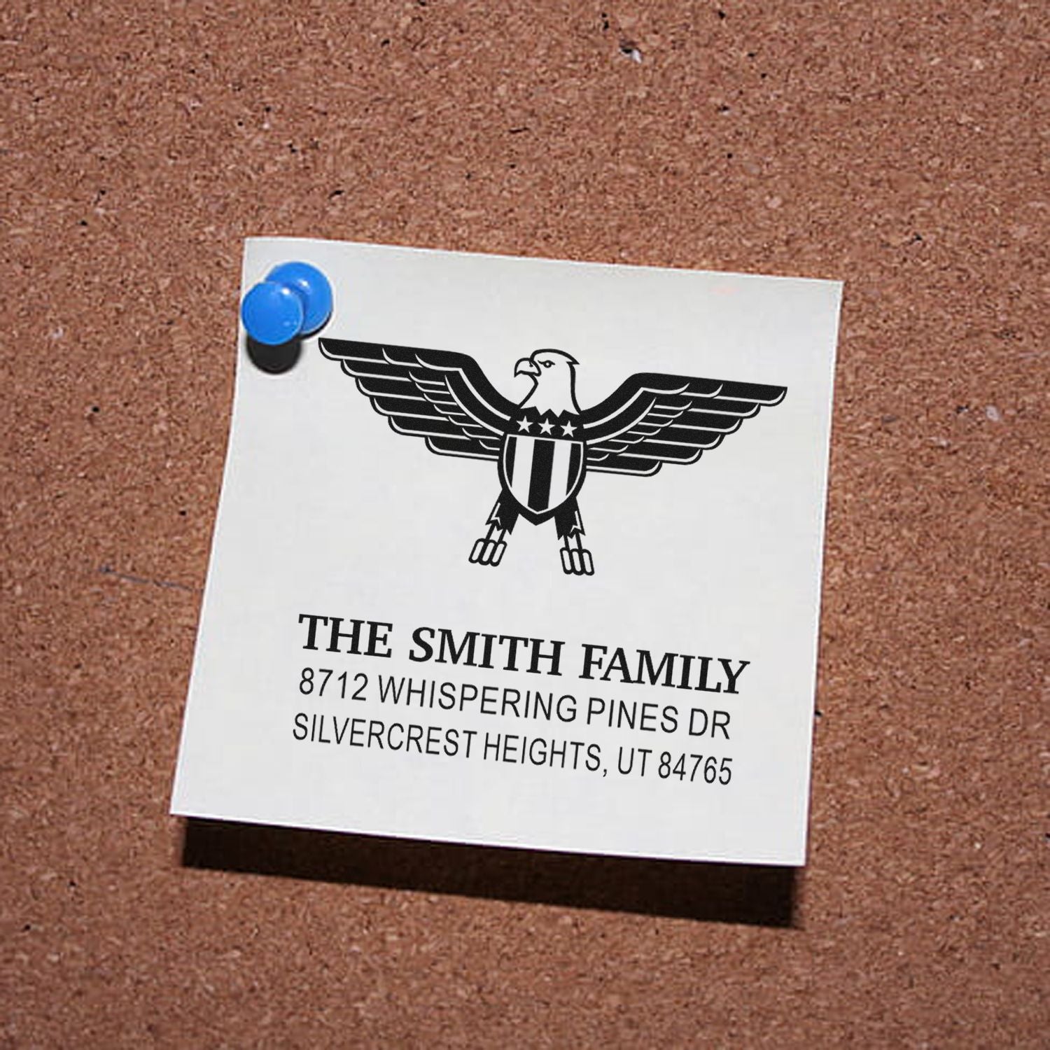 Custom eagle family return address rubber stamp with The Smith Family name and Silvercrest Heights, Utah address for mailing and stationery.