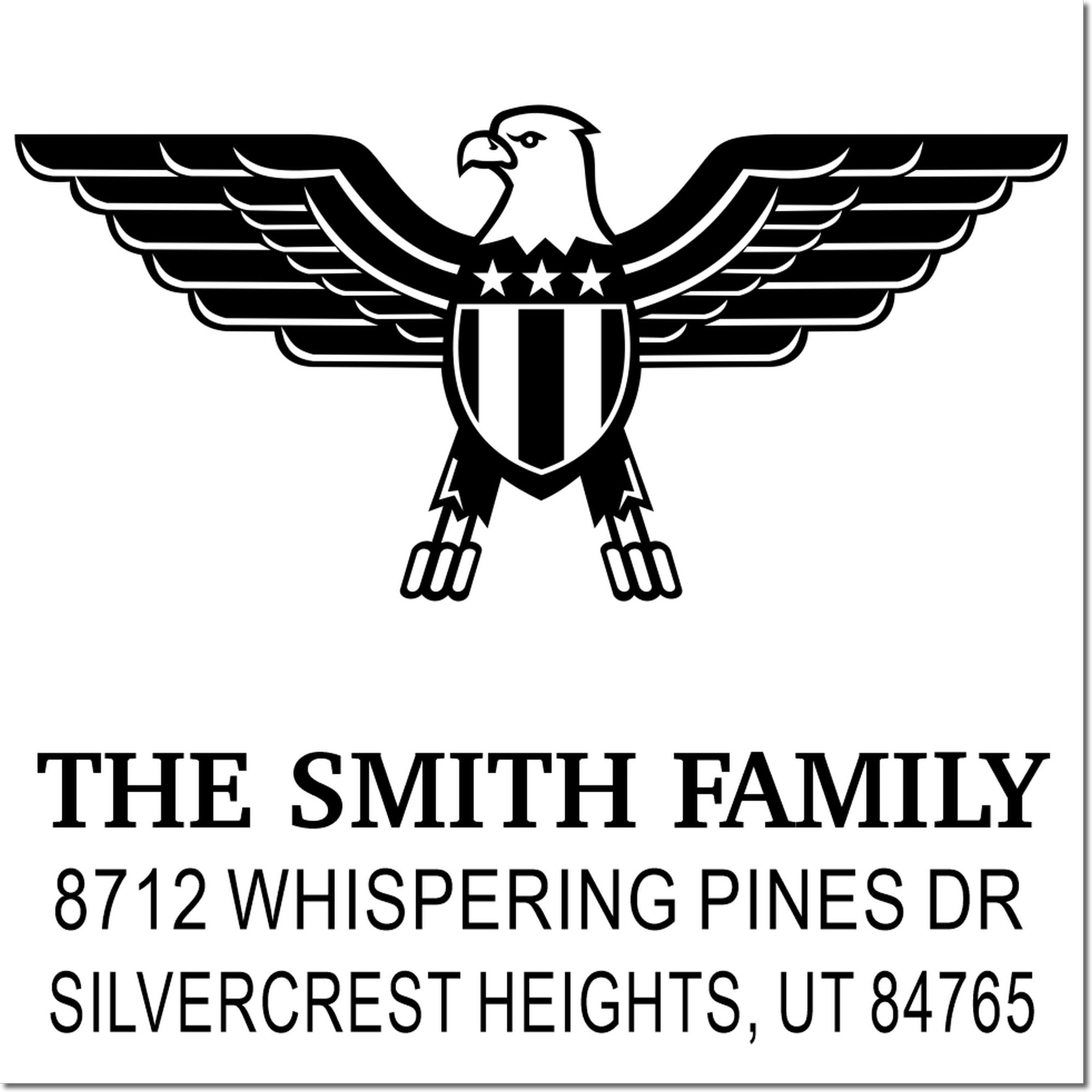 Custom rubber address stamp with eagle emblem, family name, street address, and city state ZIP for personalized mailing and return address use