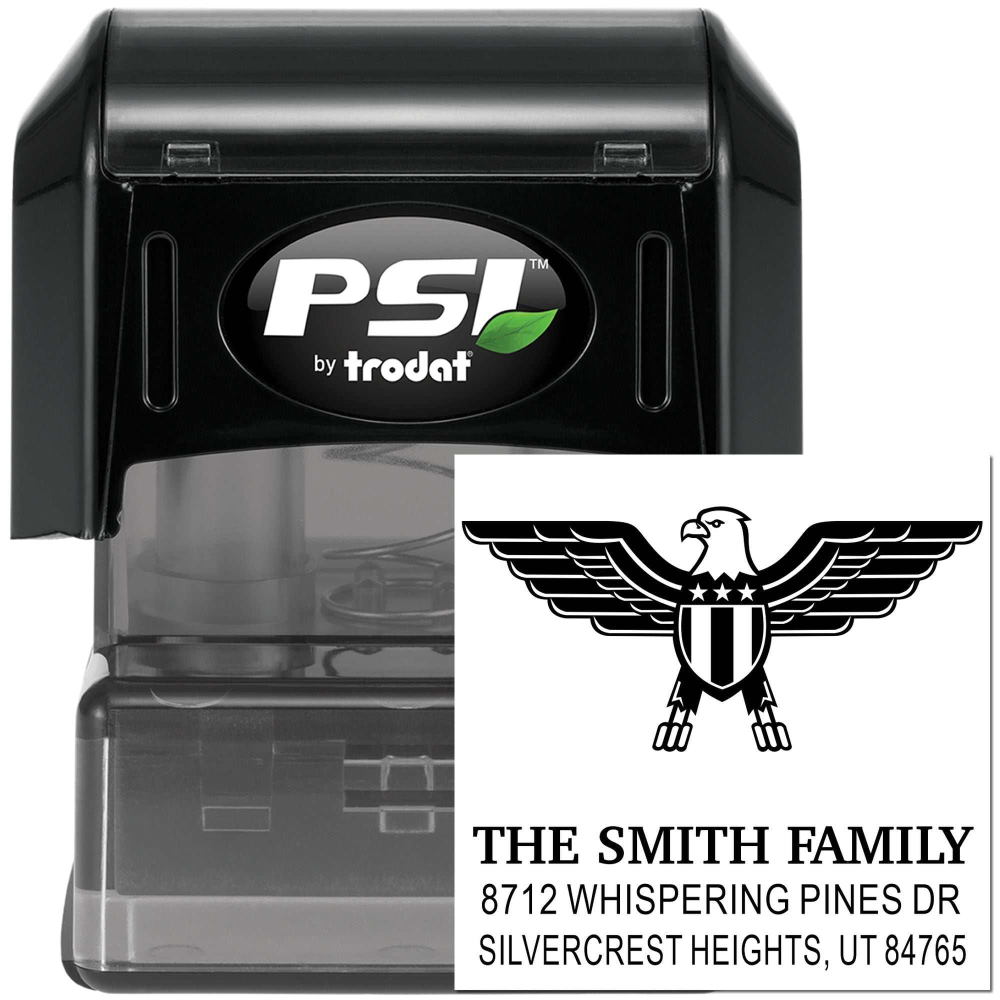 PSI by Trodat self-inking custom return address stamp featuring eagle emblem, The Smith Family name, and Silvercrest Heights, UT address